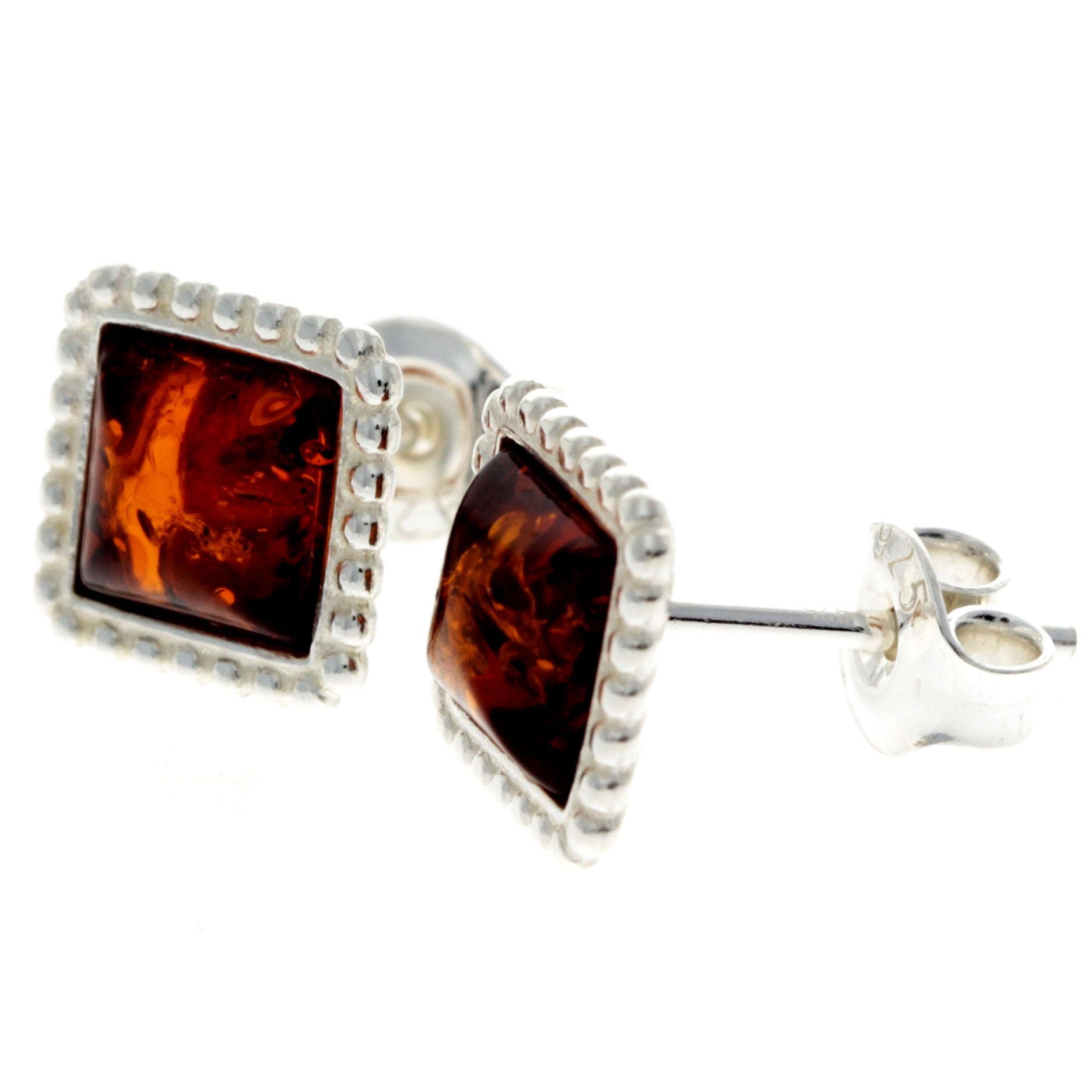 925 Sterling Silver & Genuine Baltic Amber Classic Square Studs Earrings - AA028