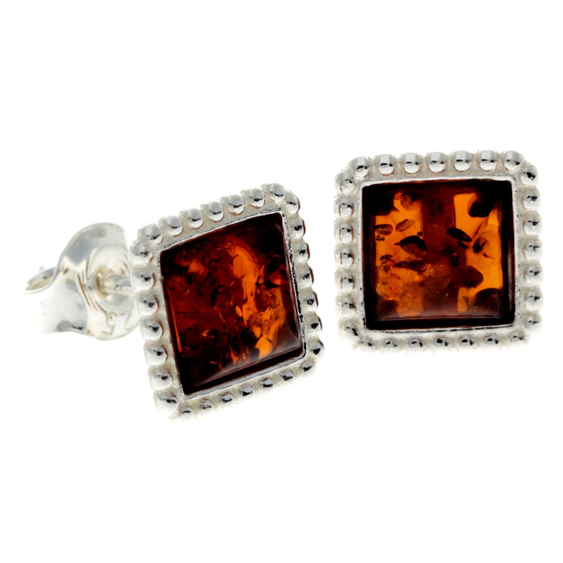 925 Sterling Silver & Genuine Baltic Amber Classic Square Studs Earrings - AA028