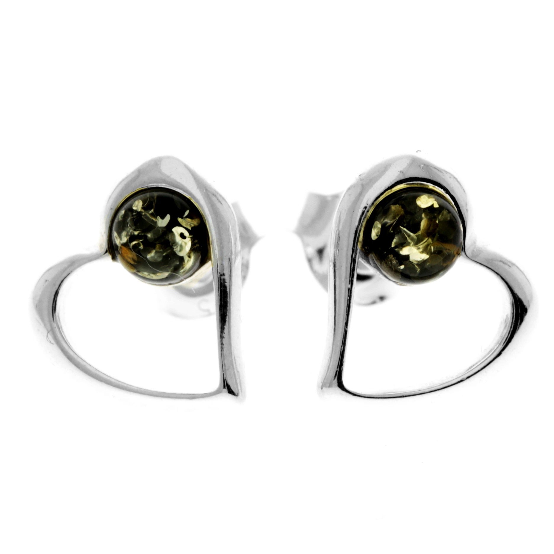 925 Sterling Silver & Genuine Baltic Amber Heart Studs Earrings - AA005