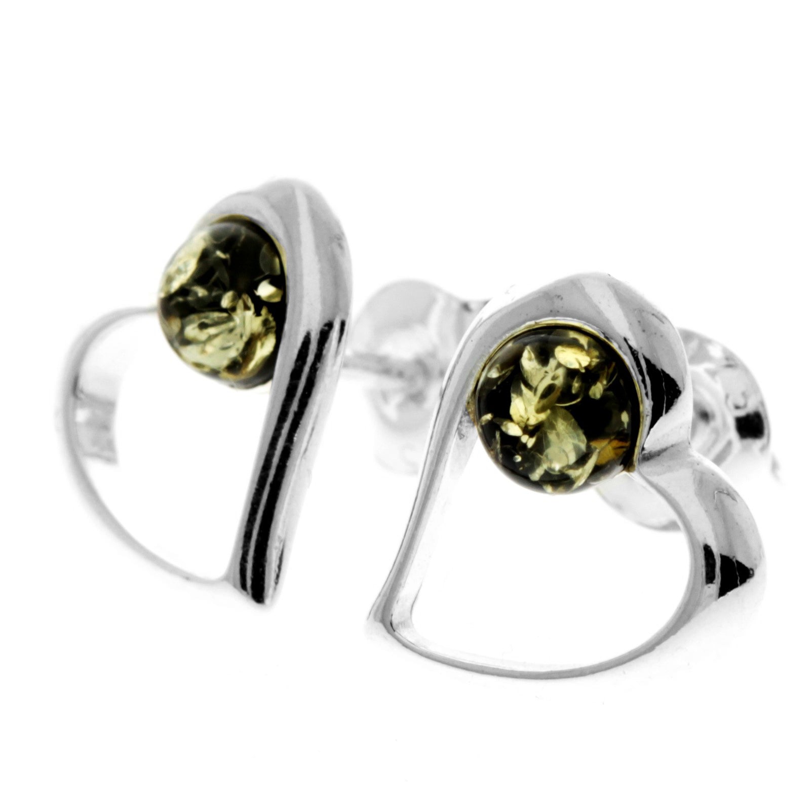 925 Sterling Silver & Genuine Baltic Amber Heart Studs Earrings - AA005