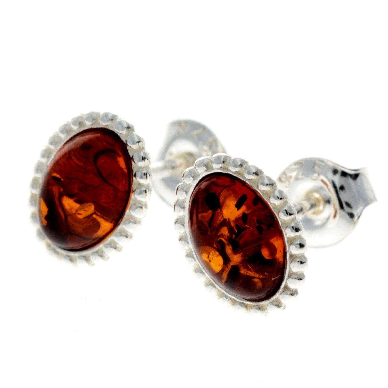 925 Sterling Silver & Genuine Baltic Amber Classic Oval Studs Earrings - AA027