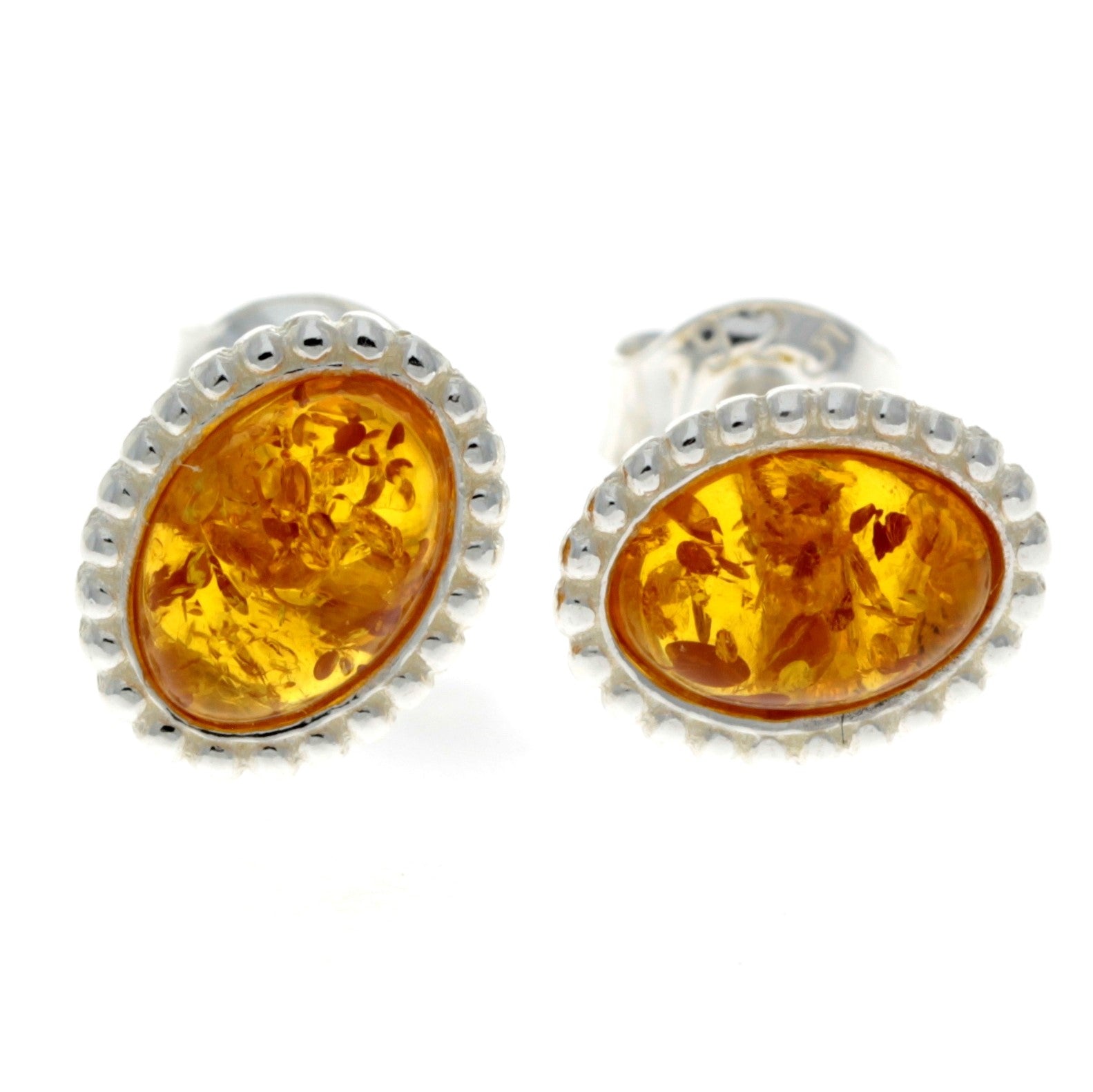 925 Sterling Silver & Genuine Baltic Amber Classic Oval Studs Earrings - AA027