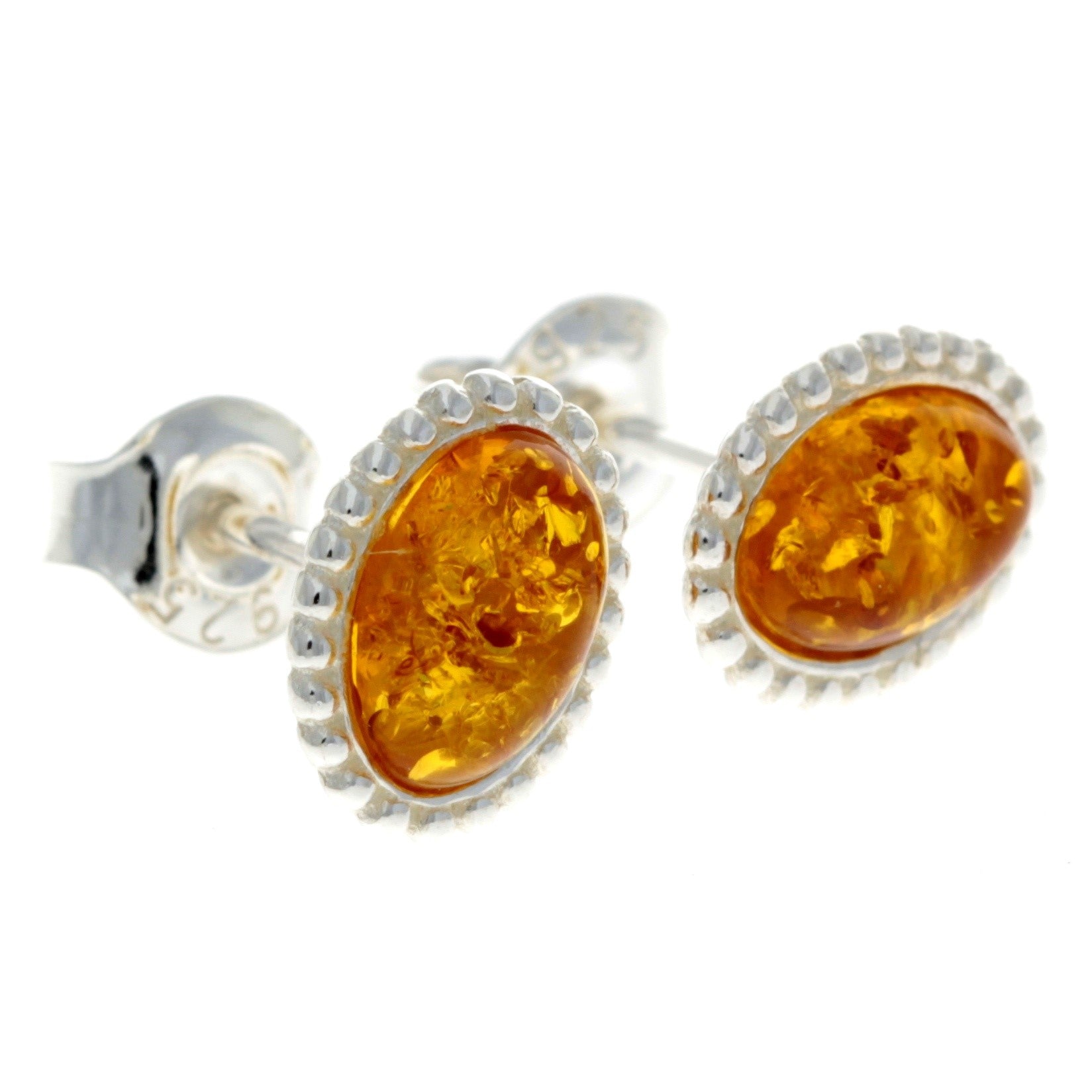 925 Sterling Silver & Genuine Baltic Amber Classic Oval Studs Earrings - AA027