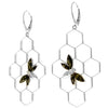 925 Sterling Silver & Genuine Baltic Amber Large Honey Bumble Bee Drop Earrings - AA029