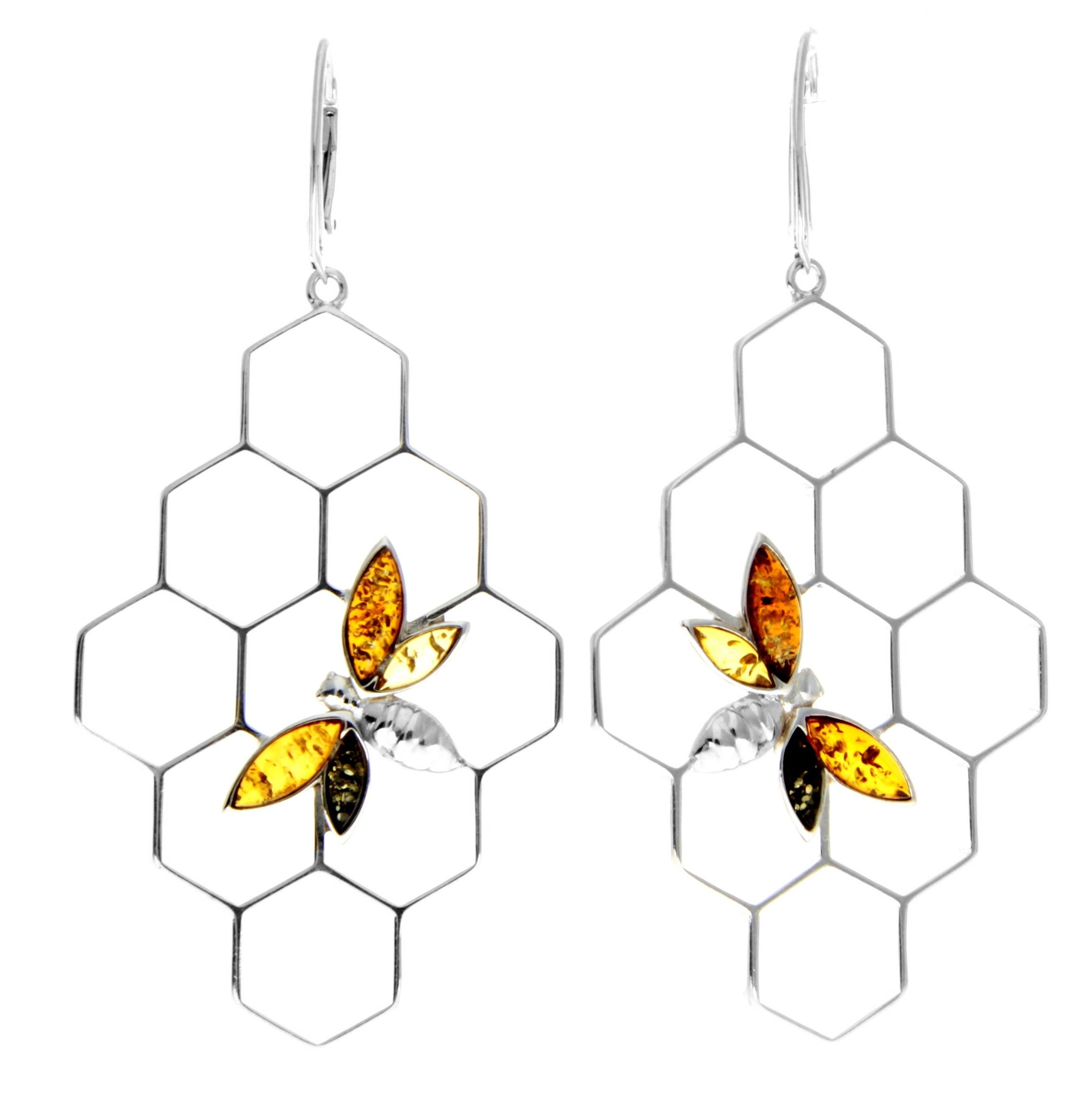 925 Sterling Silver & Genuine Baltic Amber Large Honey Bumble Bee Drop Earrings - AA029