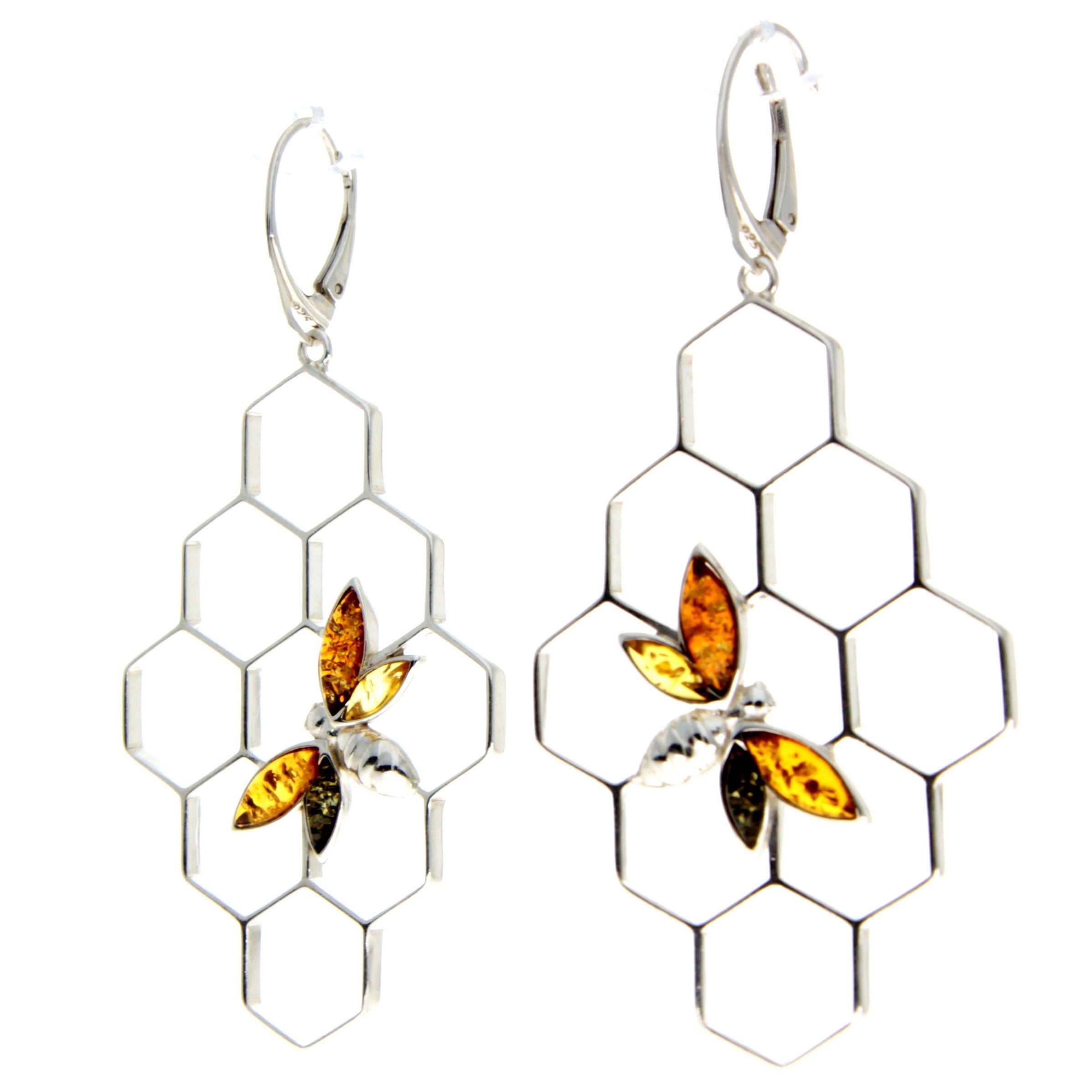 925 Sterling Silver & Genuine Baltic Amber Large Honey Bumble Bee Drop Earrings - AA029