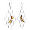 925 Sterling Silver & Genuine Baltic Amber Large Honey Bumble Bee Drop Earrings - AA029