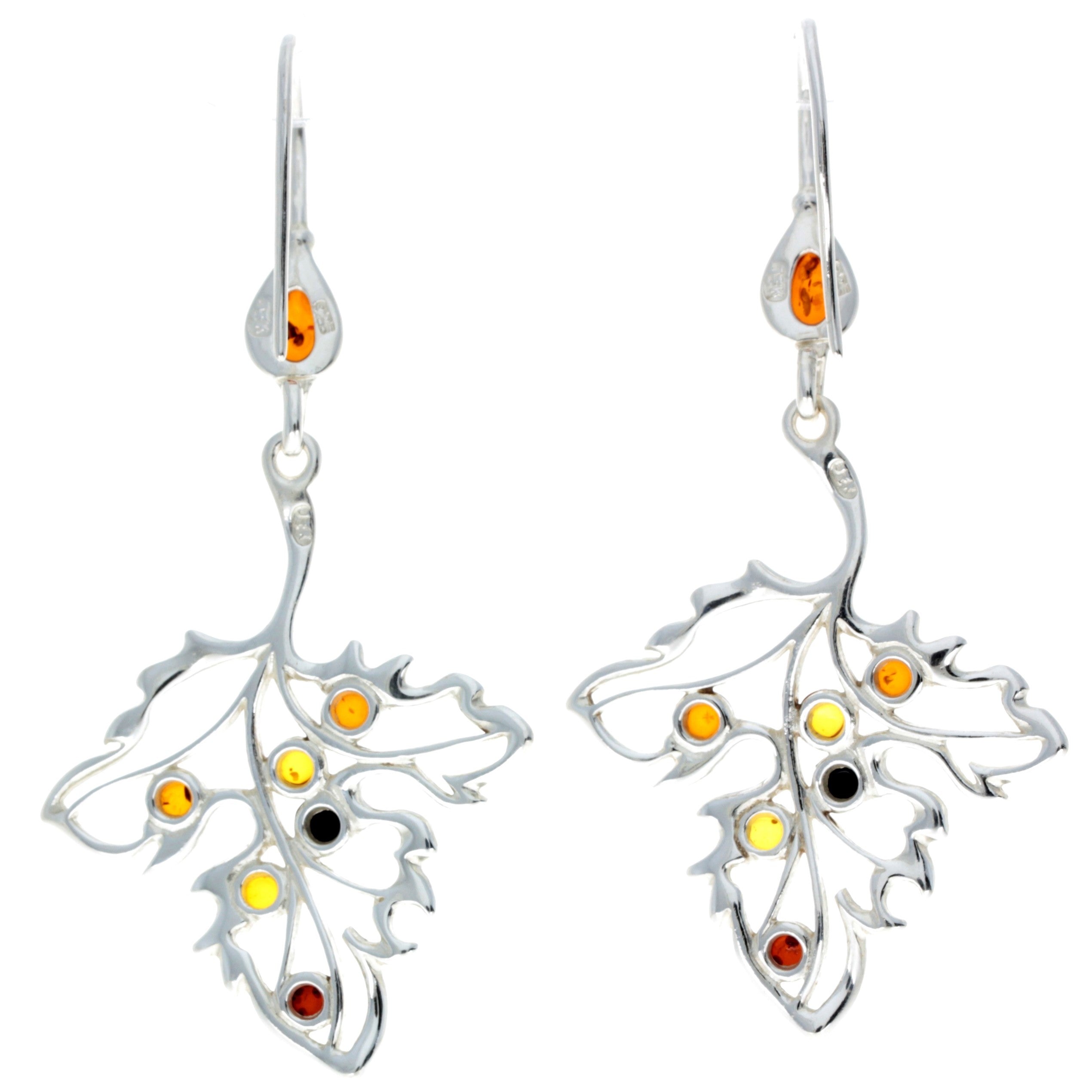 925 Sterling Silver & Baltic Amber Large Leaf Drop Hoops Earrings - AA031