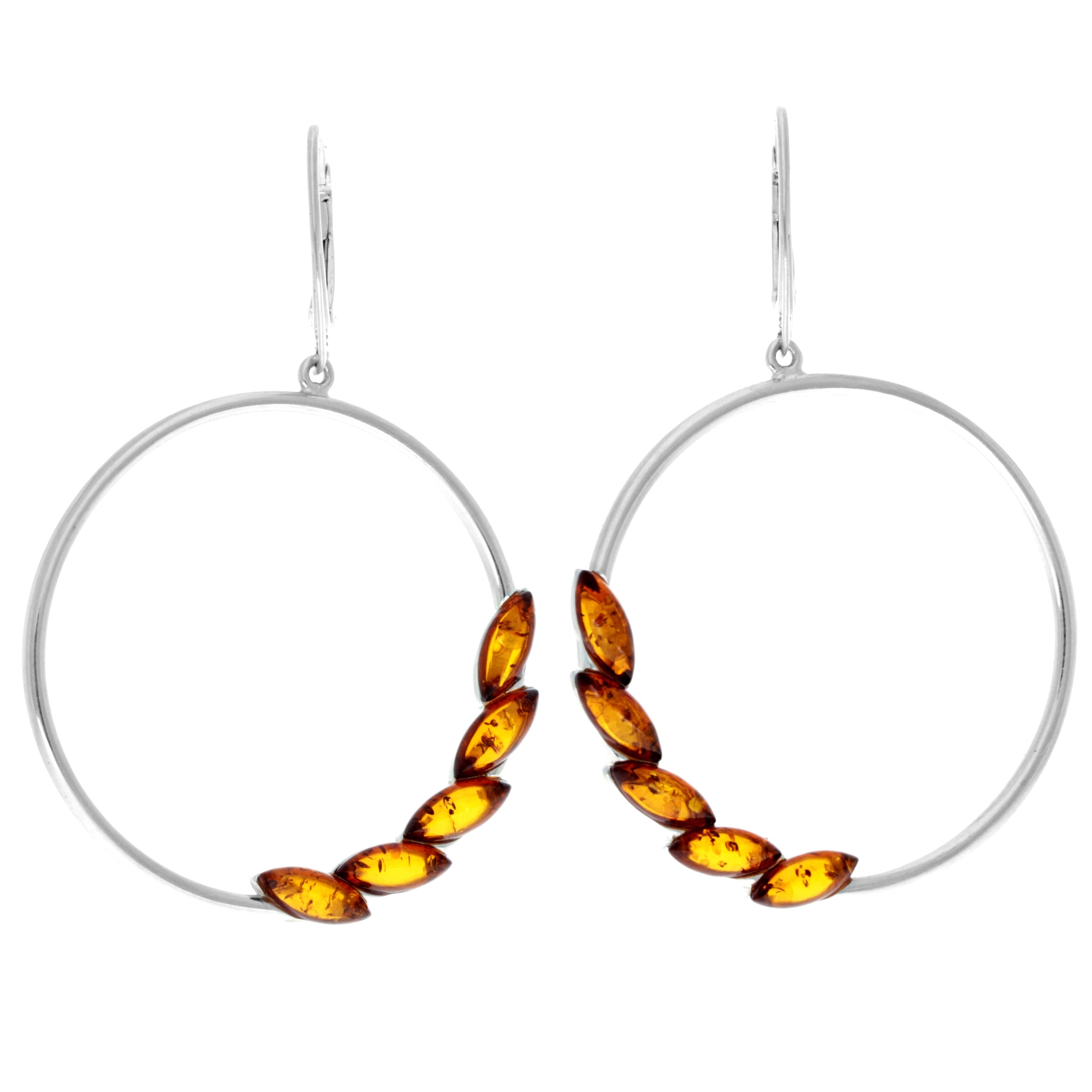 925 Sterling Silver & Baltic Amber Large Drop Hoops Earrings - AA032