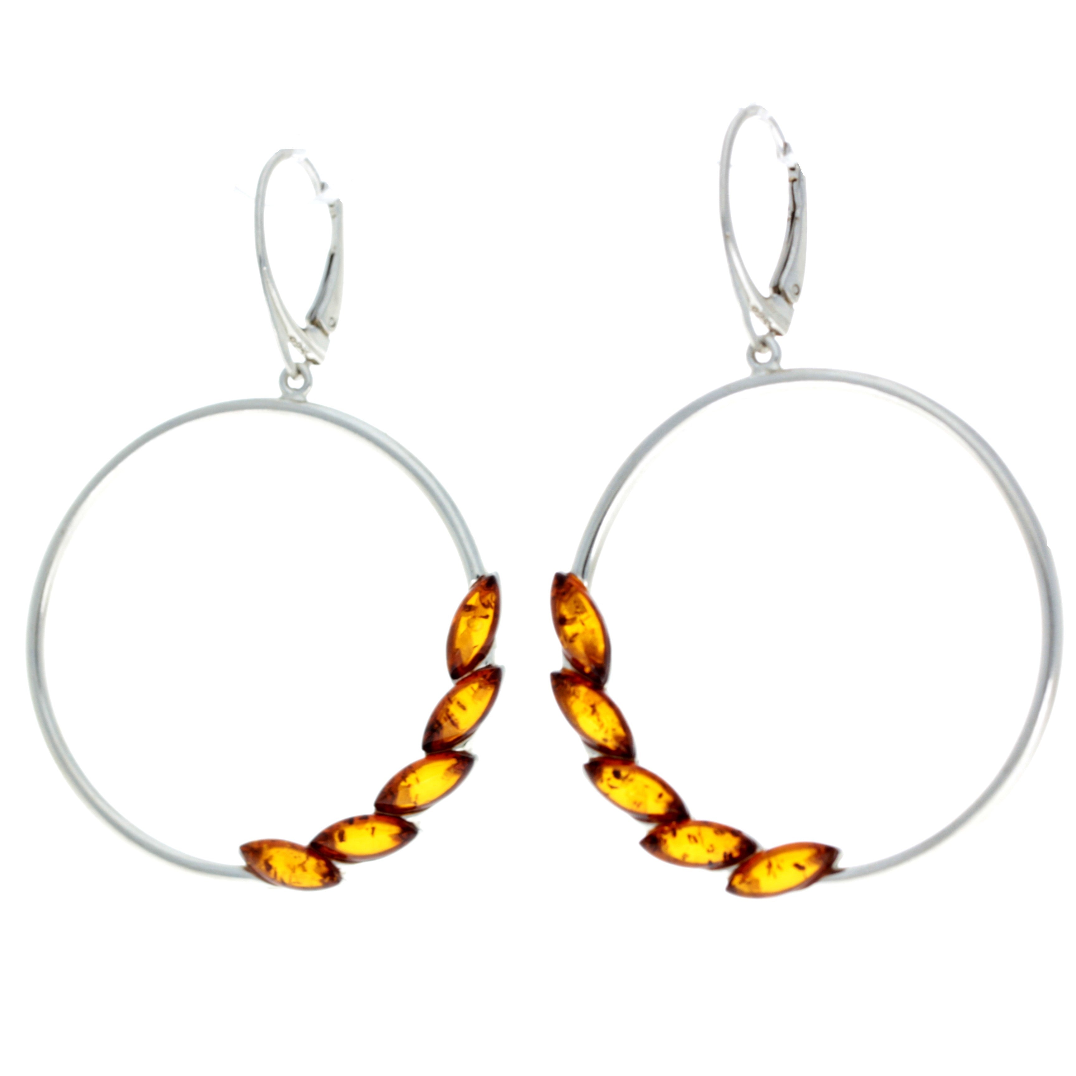 925 Sterling Silver & Baltic Amber Large Drop Hoops Earrings - AA032