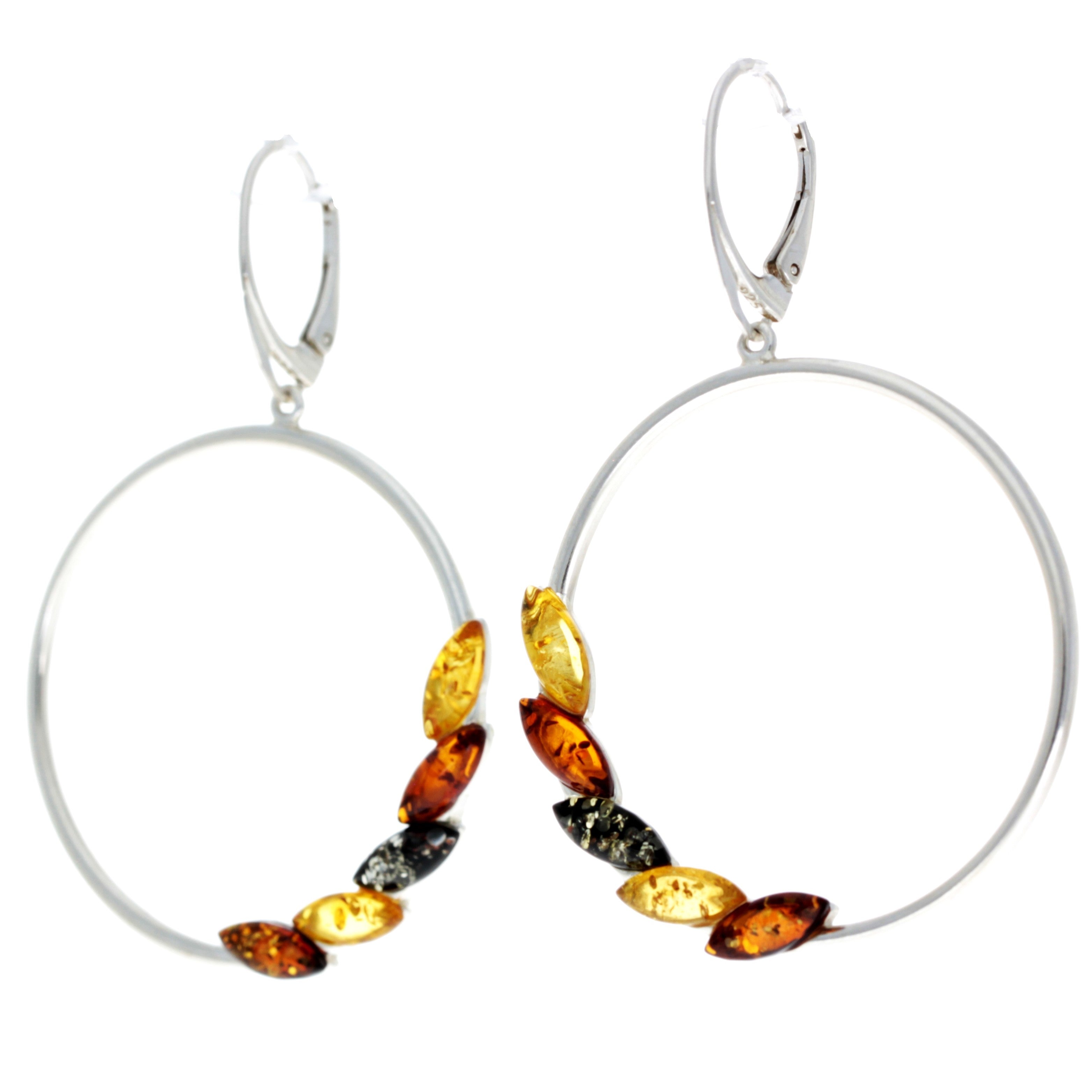 925 Sterling Silver & Baltic Amber Large Drop Hoops Earrings - AA032