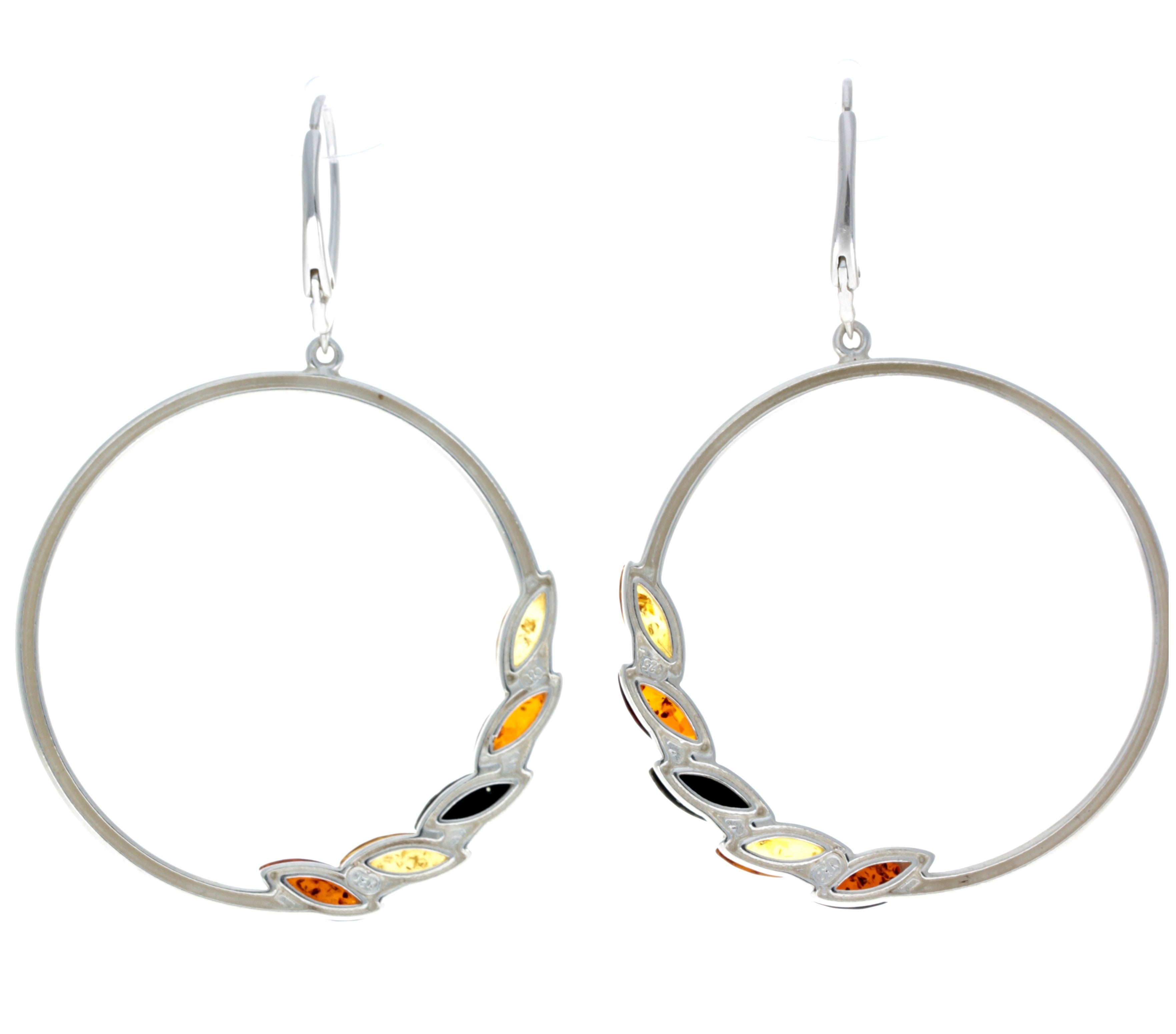 925 Sterling Silver & Baltic Amber Large Drop Hoops Earrings - AA032