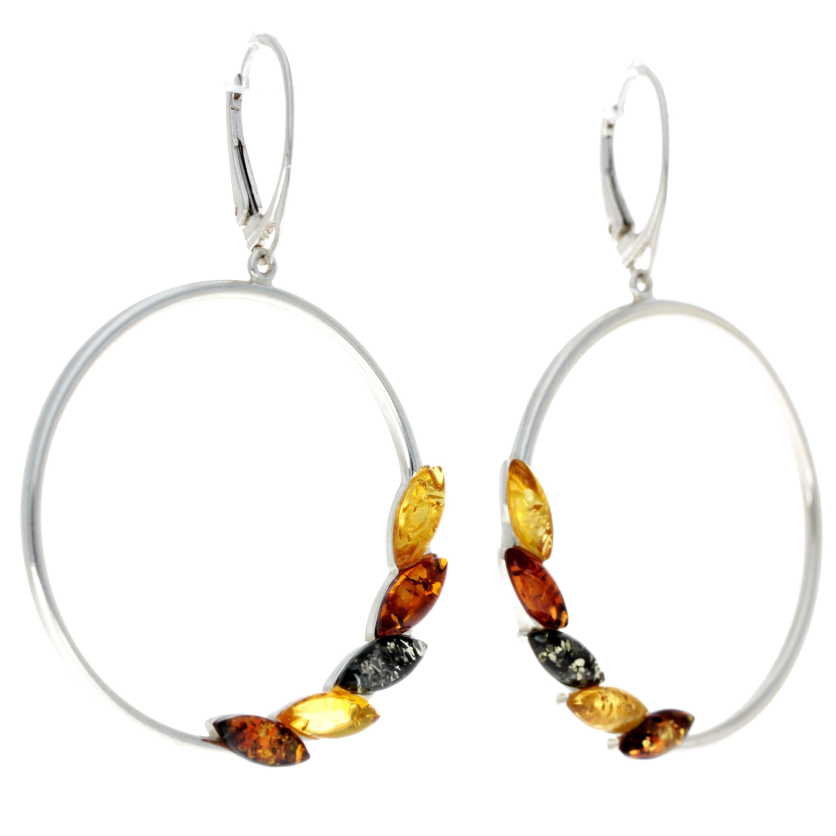 925 Sterling Silver & Baltic Amber Large Drop Hoops Earrings - AA032