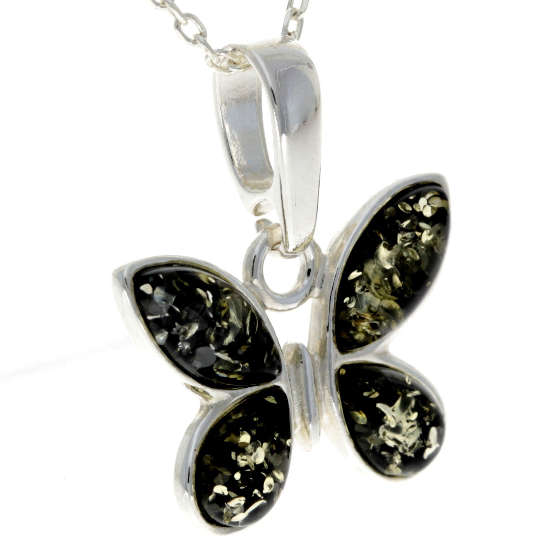 925 Sterling Silver & Genuine Baltic Amber Classic Butterfly Pendant - AA228