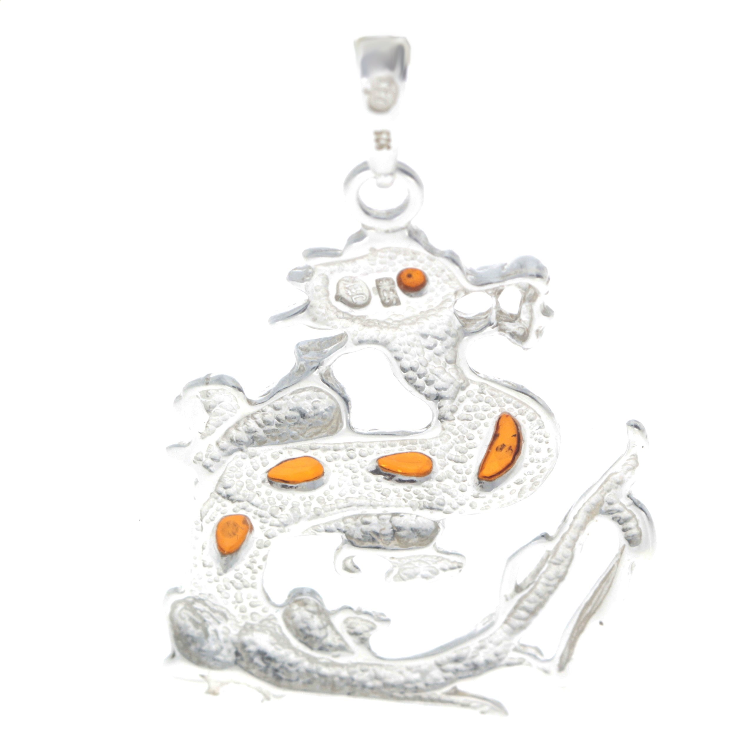 925 Sterling Silver & Genuine Baltic Amber Dragon Pendant - AA237