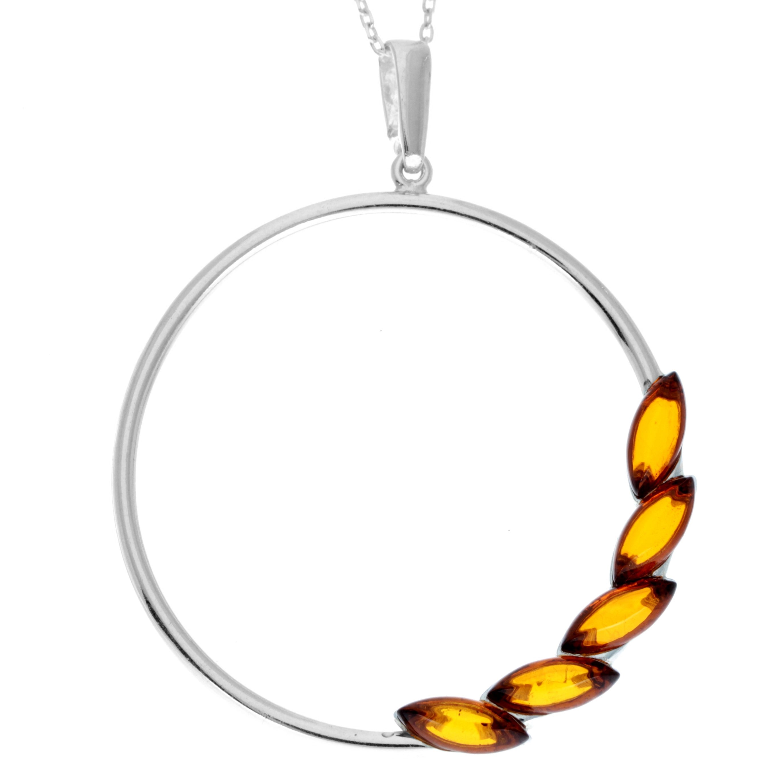 925 Sterling Silver & Baltic Amber Multistone Large Circle Amber Modern Pendant - AA244