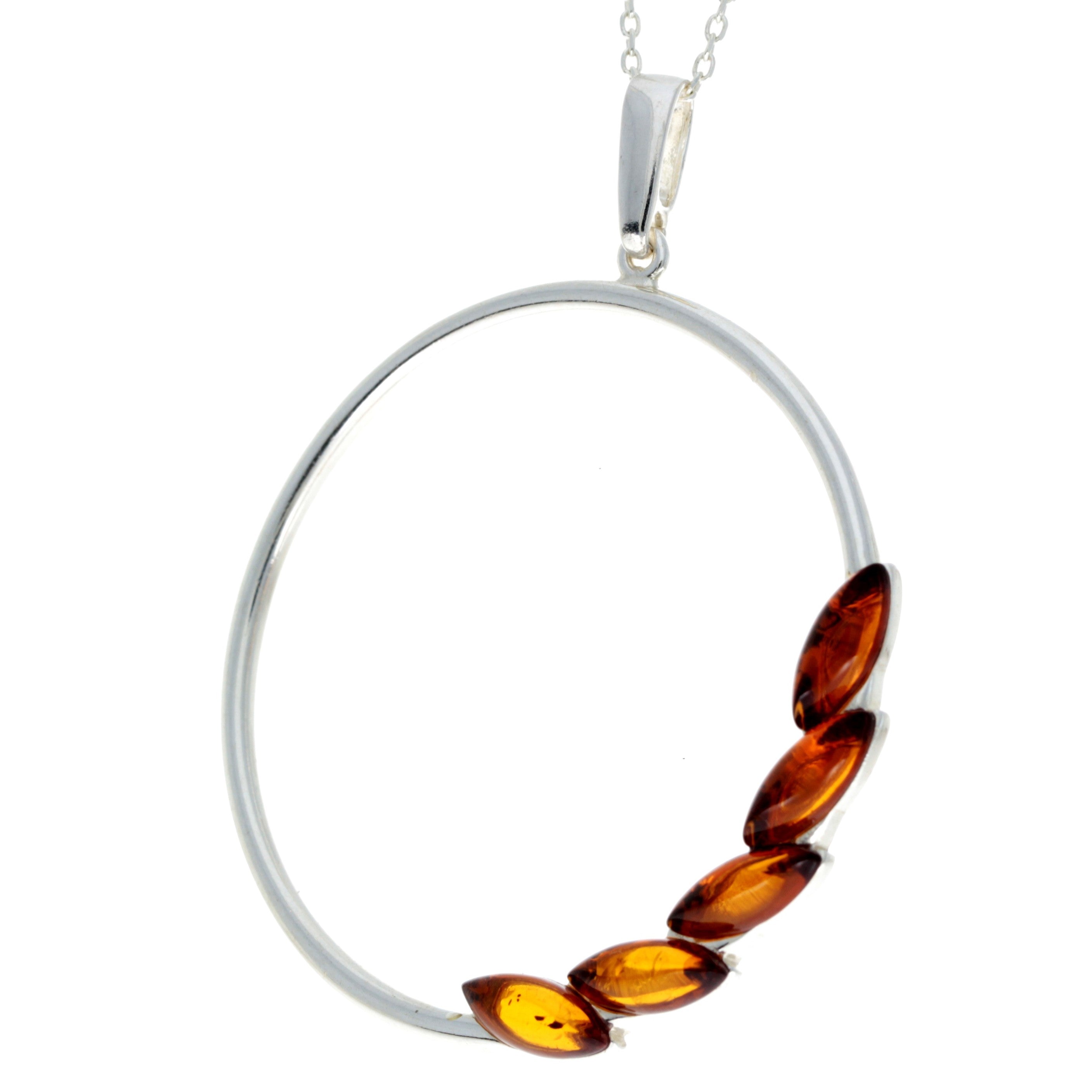 925 Sterling Silver & Baltic Amber Multistone Large Circle Amber Modern Pendant - AA244