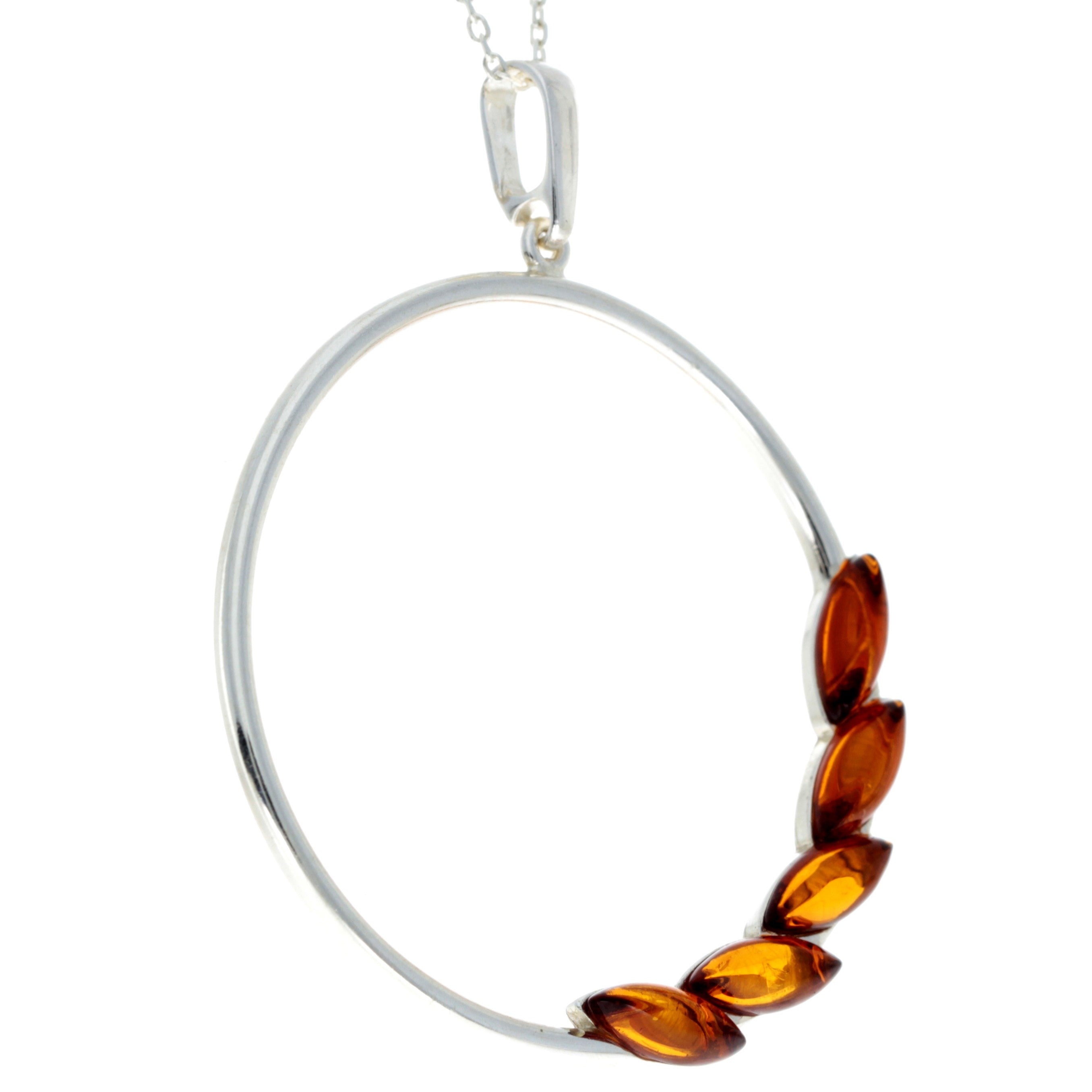 925 Sterling Silver & Baltic Amber Multistone Large Circle Amber Modern Pendant - AA244