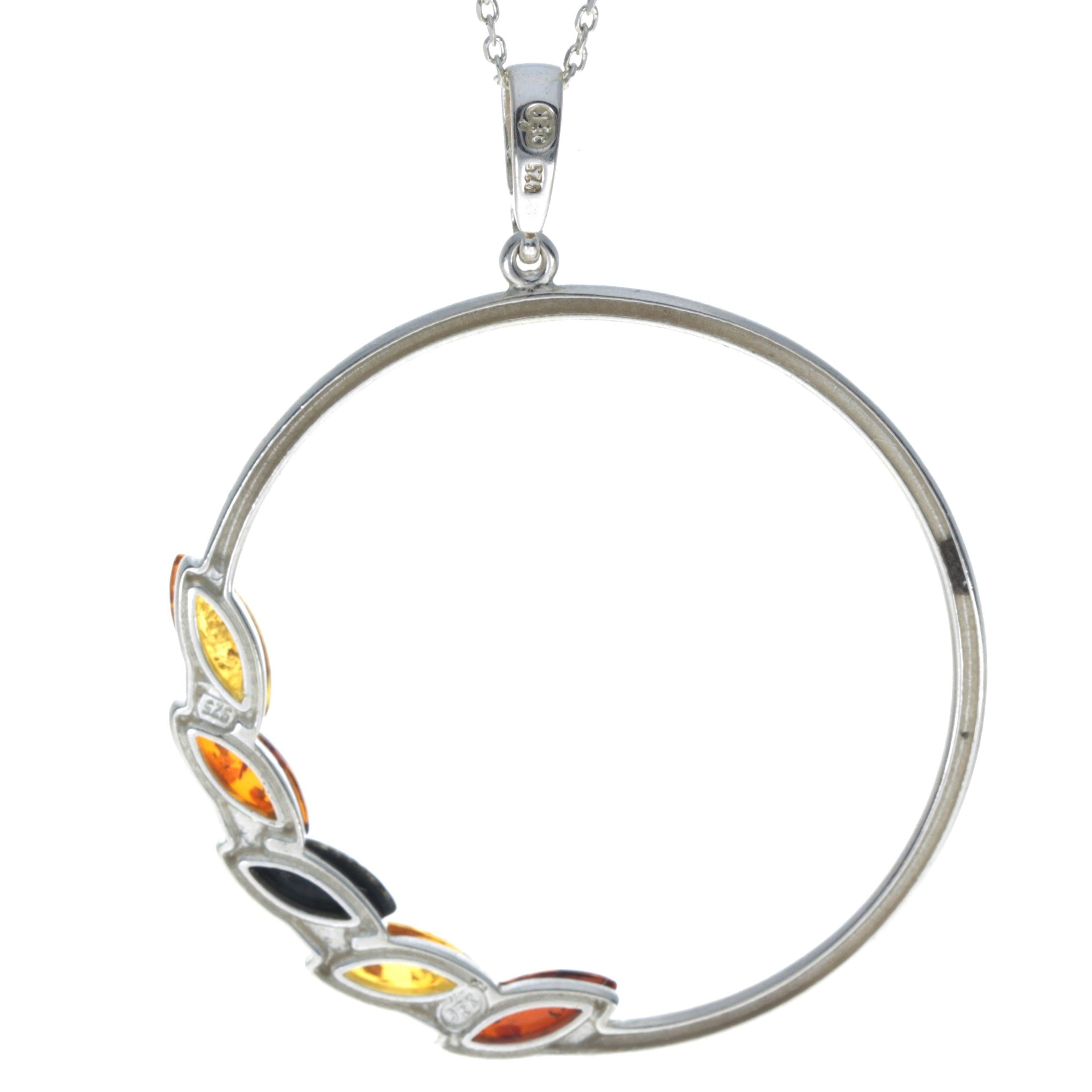 925 Sterling Silver & Baltic Amber Multistone Large Circle Amber Modern Pendant - AA244