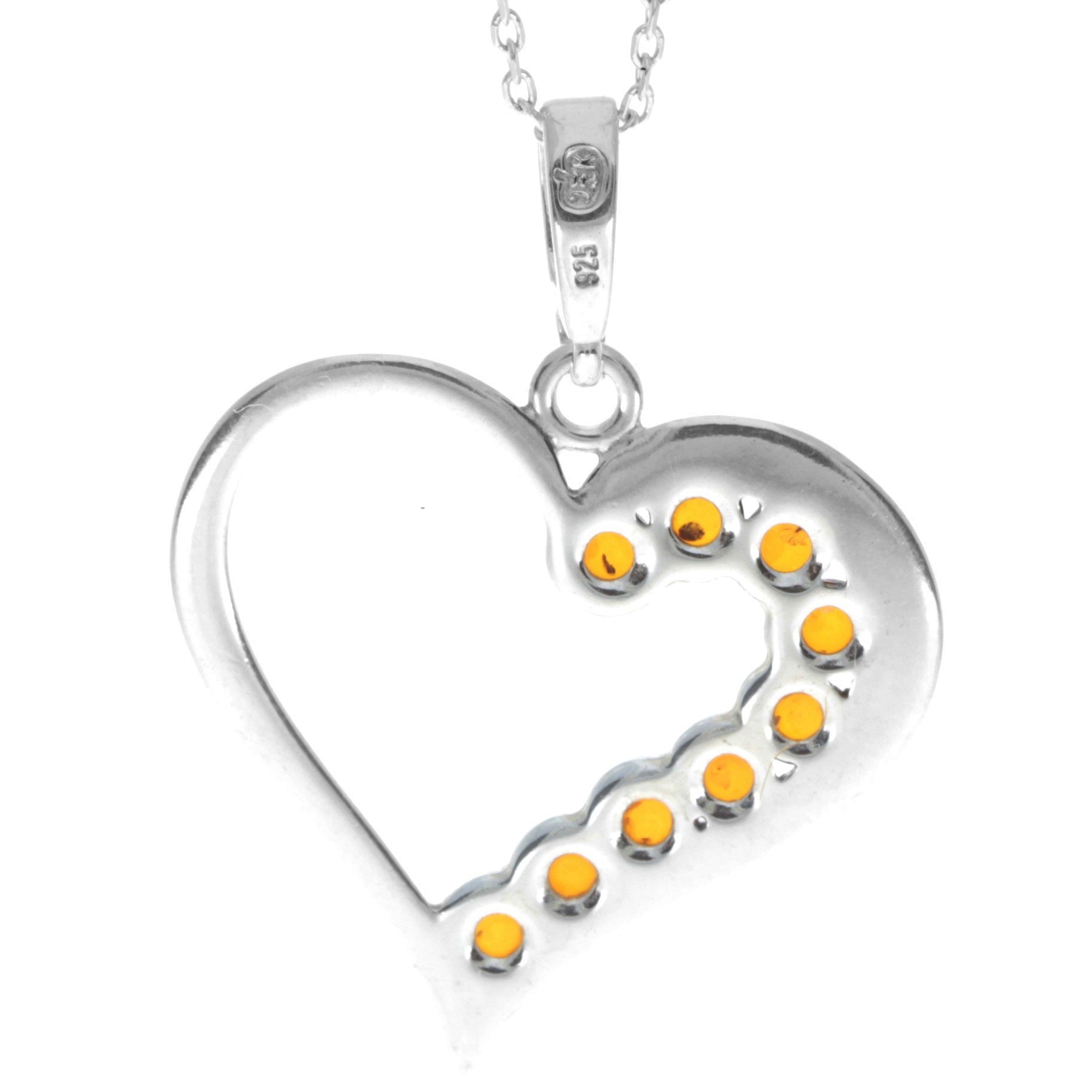 925 Sterling Silver & Genuine Baltic Amber Multi Stone Heart Pendant - AA245