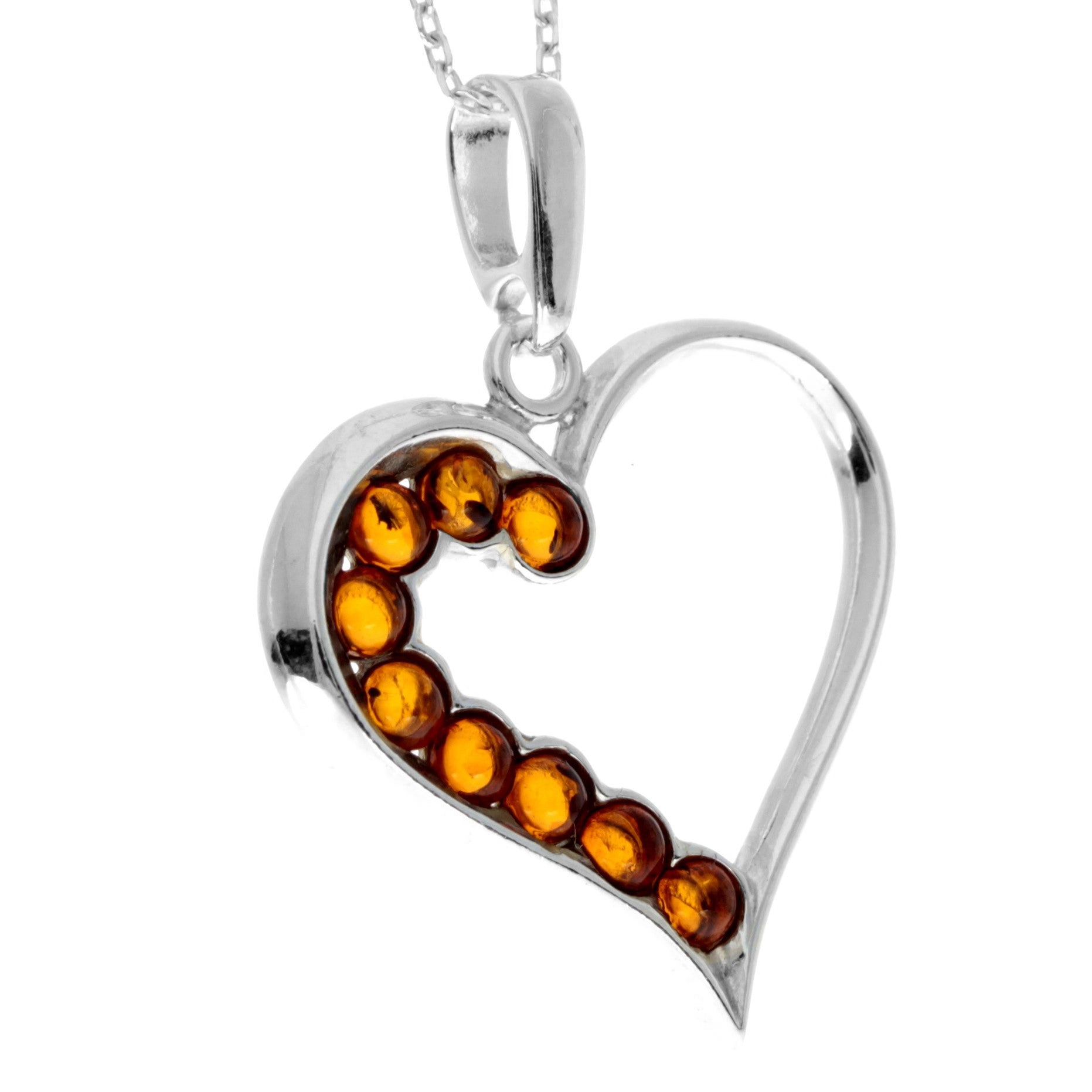 925 Sterling Silver & Genuine Baltic Amber Multi Stone Heart Pendant - AA245