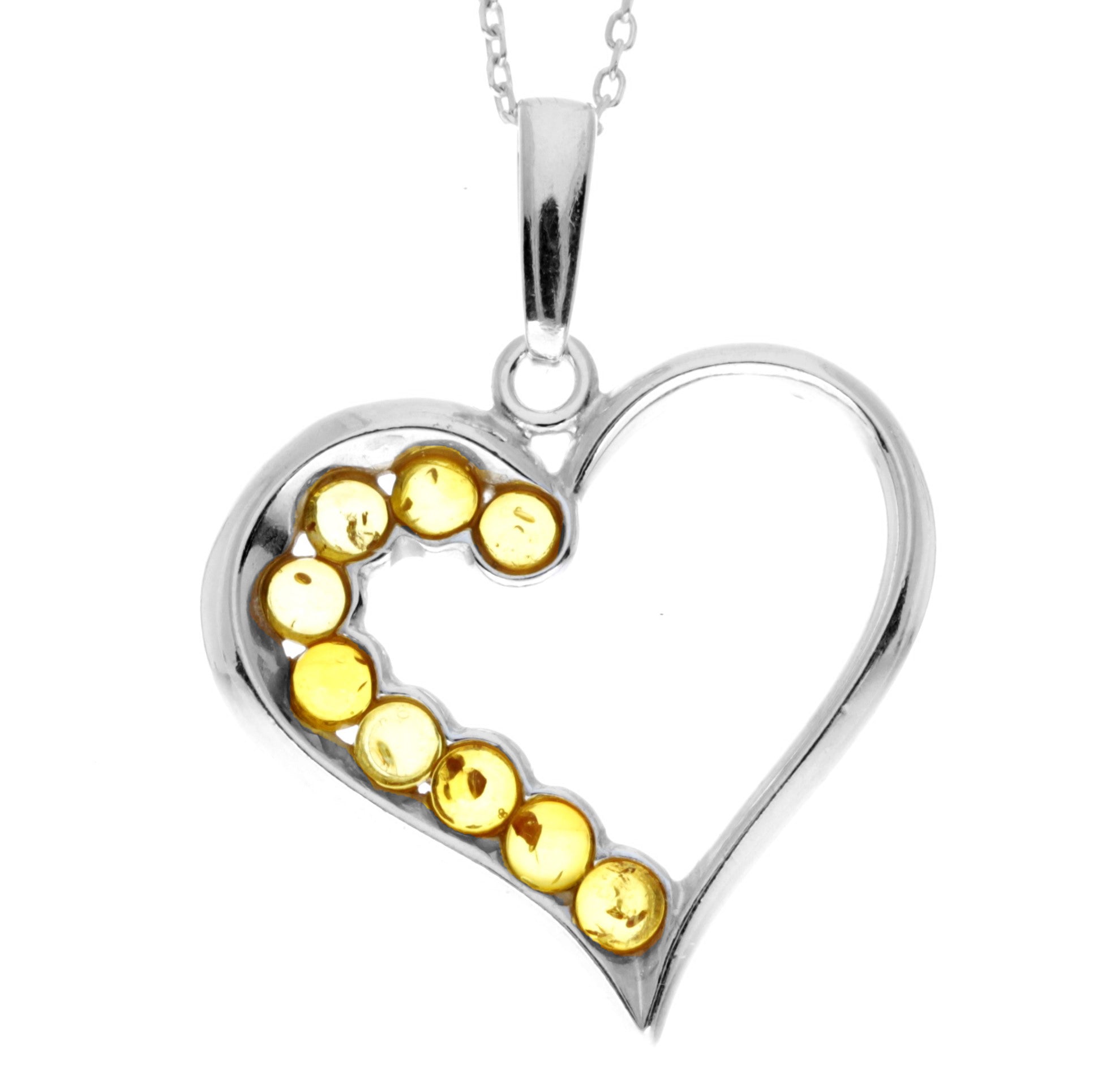 925 Sterling Silver & Genuine Baltic Amber Multi Stone Heart Pendant - AA245