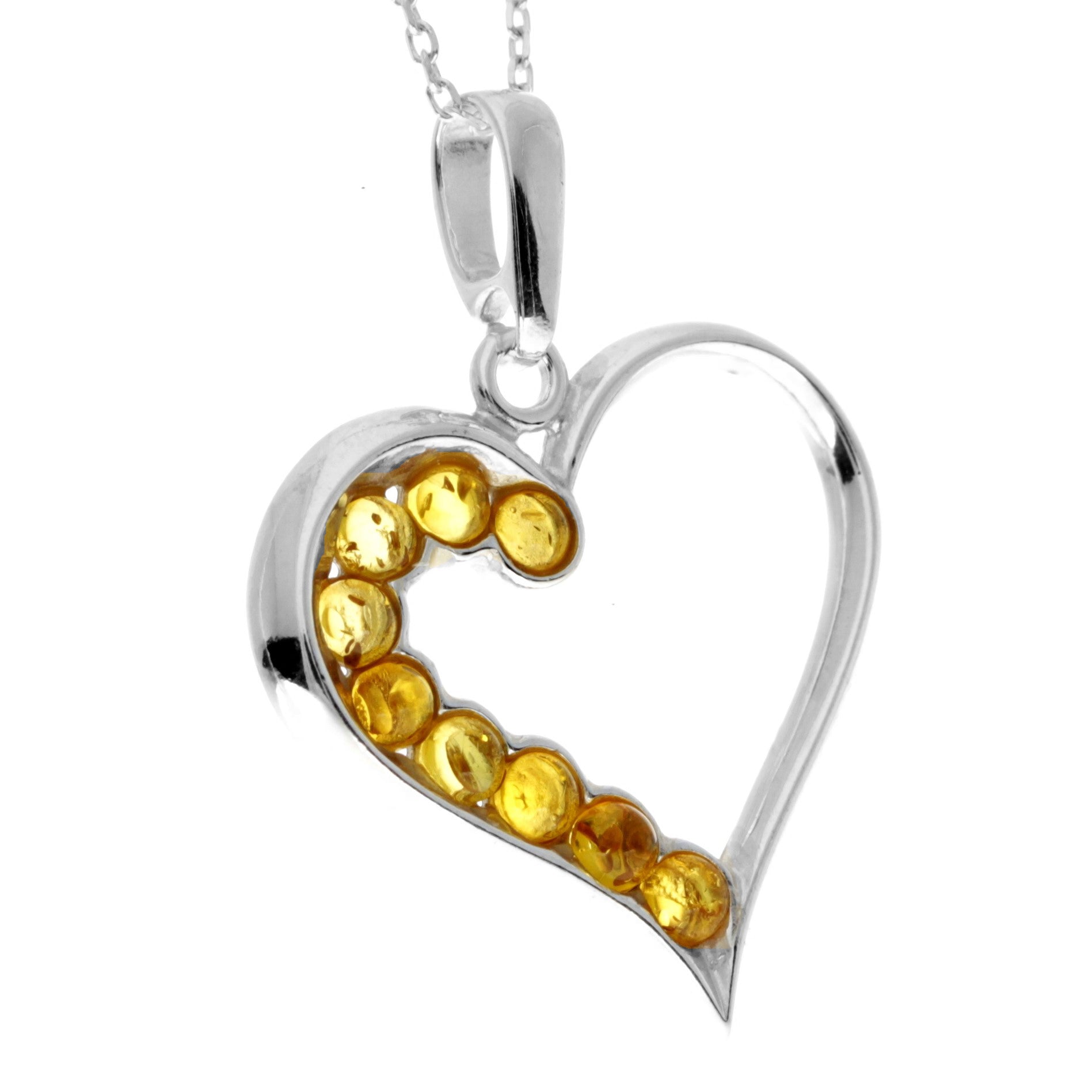 925 Sterling Silver & Genuine Baltic Amber Multi Stone Heart Pendant - AA245