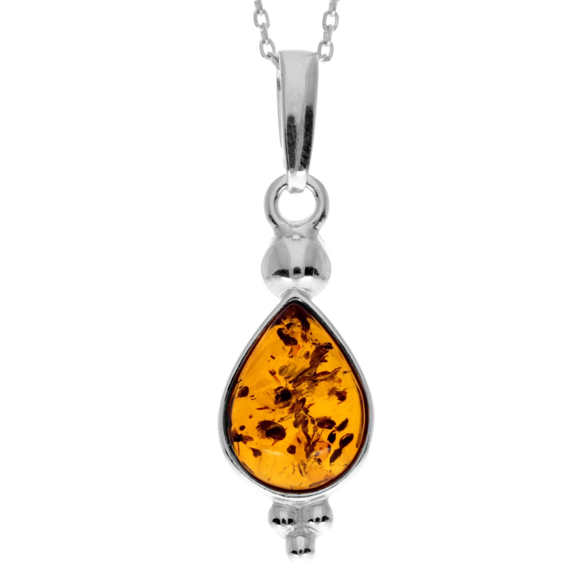 925 Sterling Silver & Genuine Baltic Amber Teardrop Classic Pendant - AA247