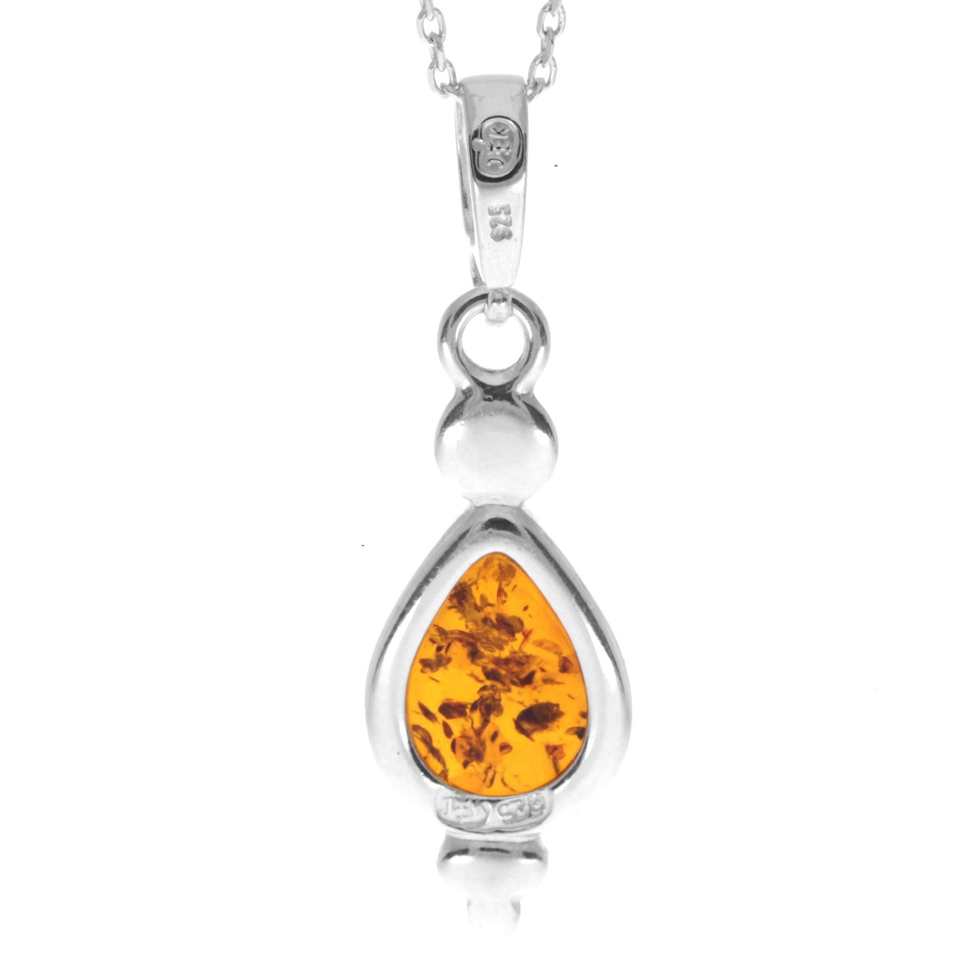 925 Sterling Silver & Genuine Baltic Amber Teardrop Classic Pendant - AA247