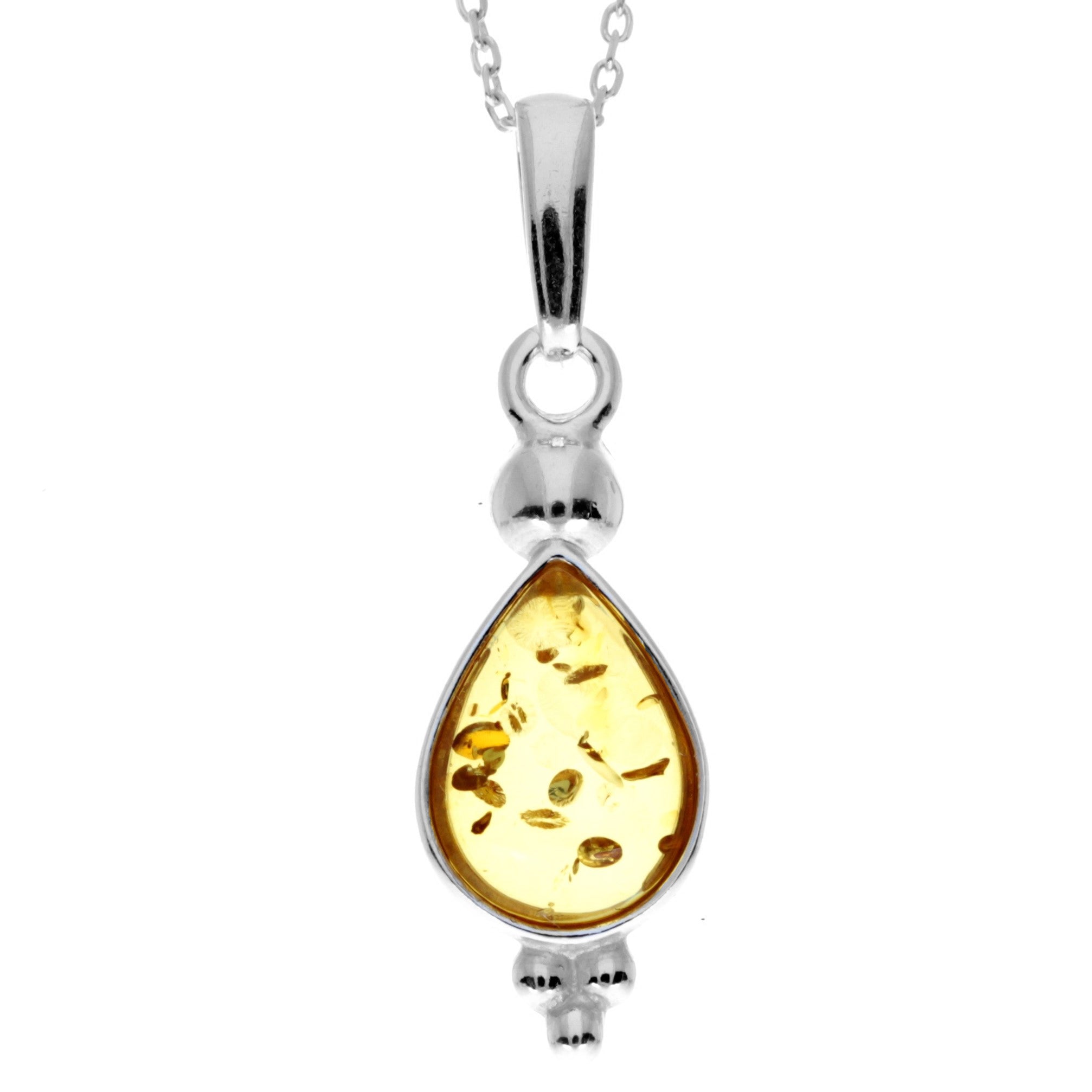 925 Sterling Silver & Genuine Baltic Amber Teardrop Classic Pendant - AA247