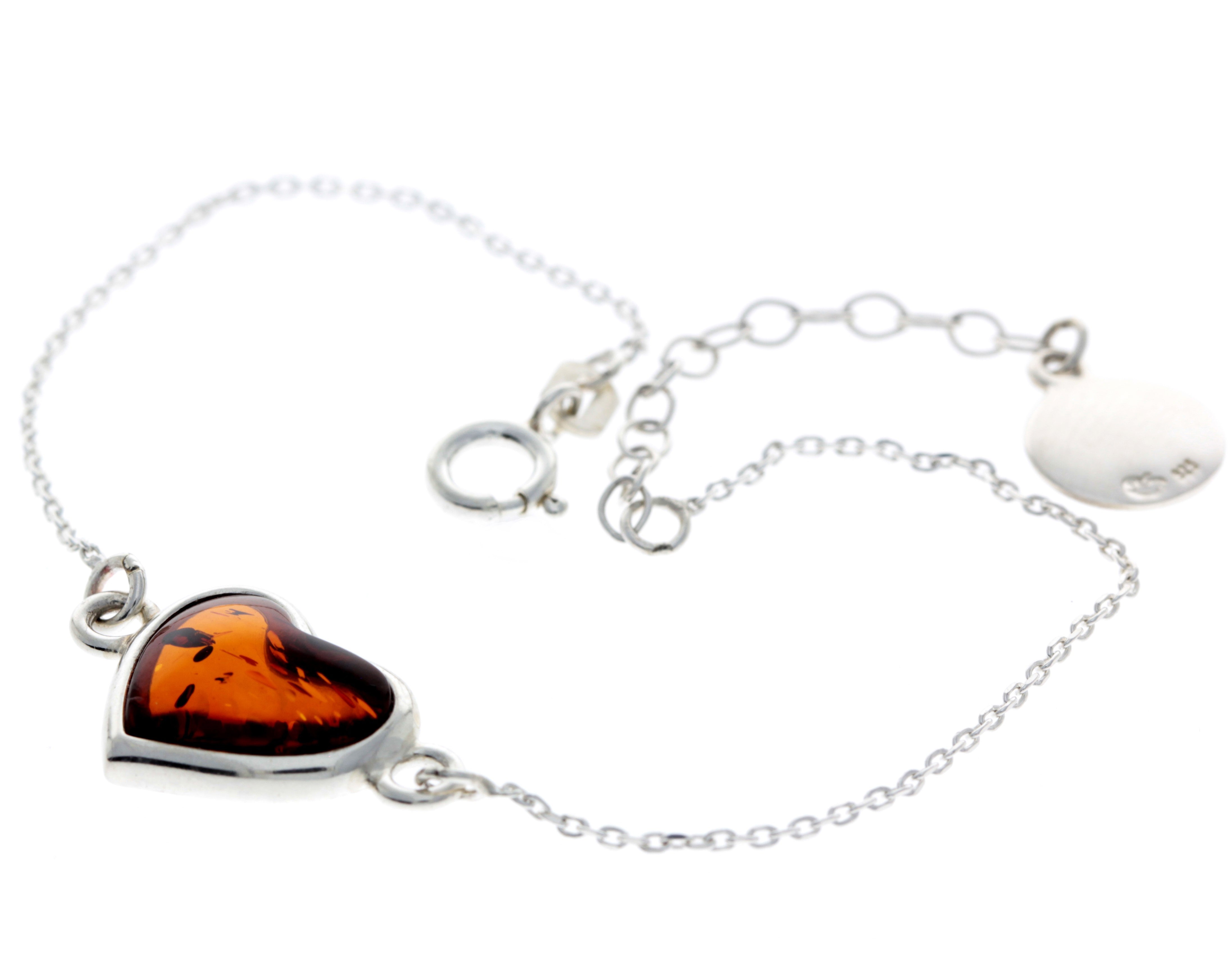 925 Sterling Silver & Genuine Baltic Amber Heart Bracelet 18 cm + 3 cm  - AA503