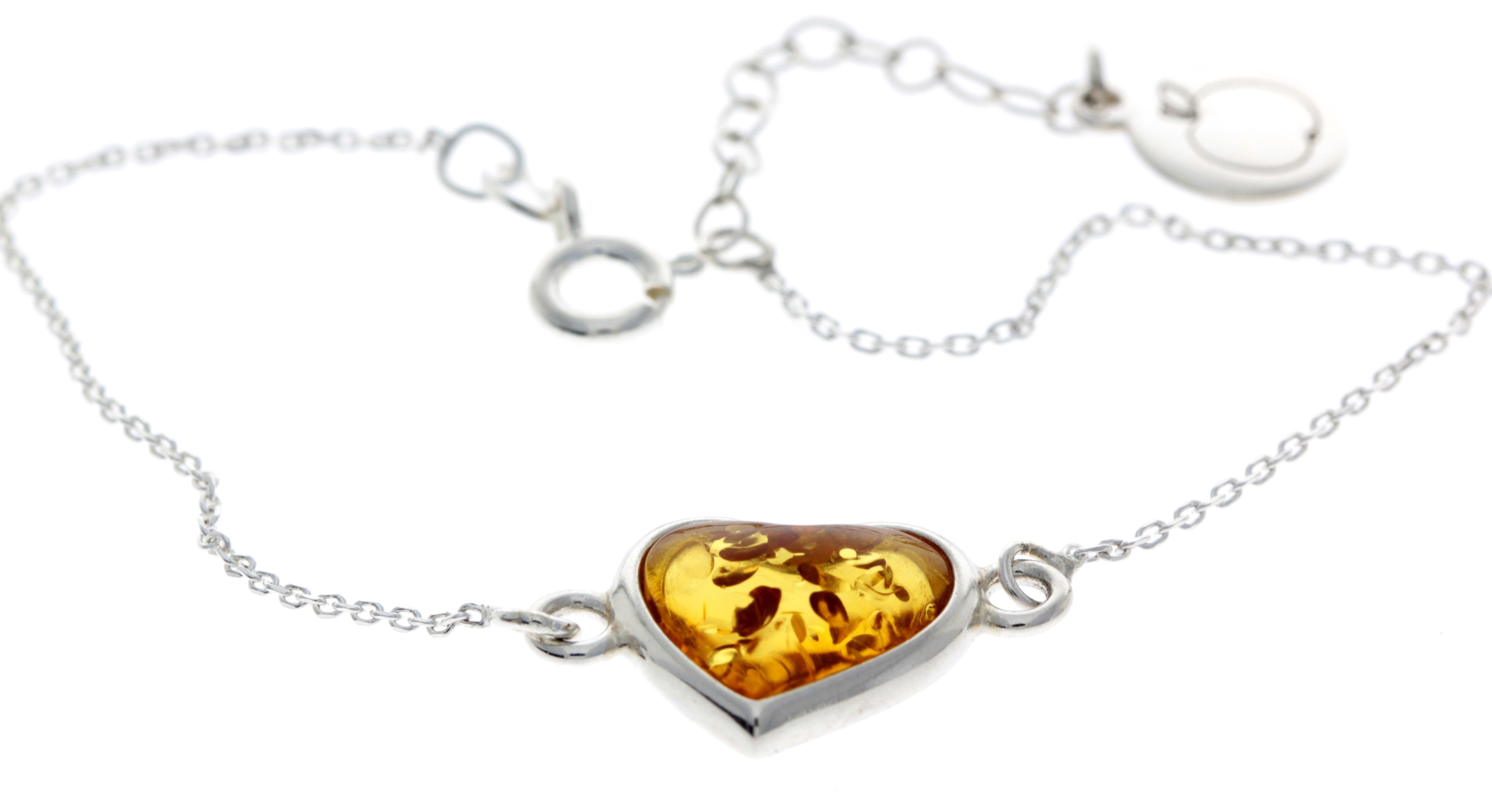 925 Sterling Silver & Genuine Baltic Amber Heart Bracelet 18 cm + 3 cm  - AA503