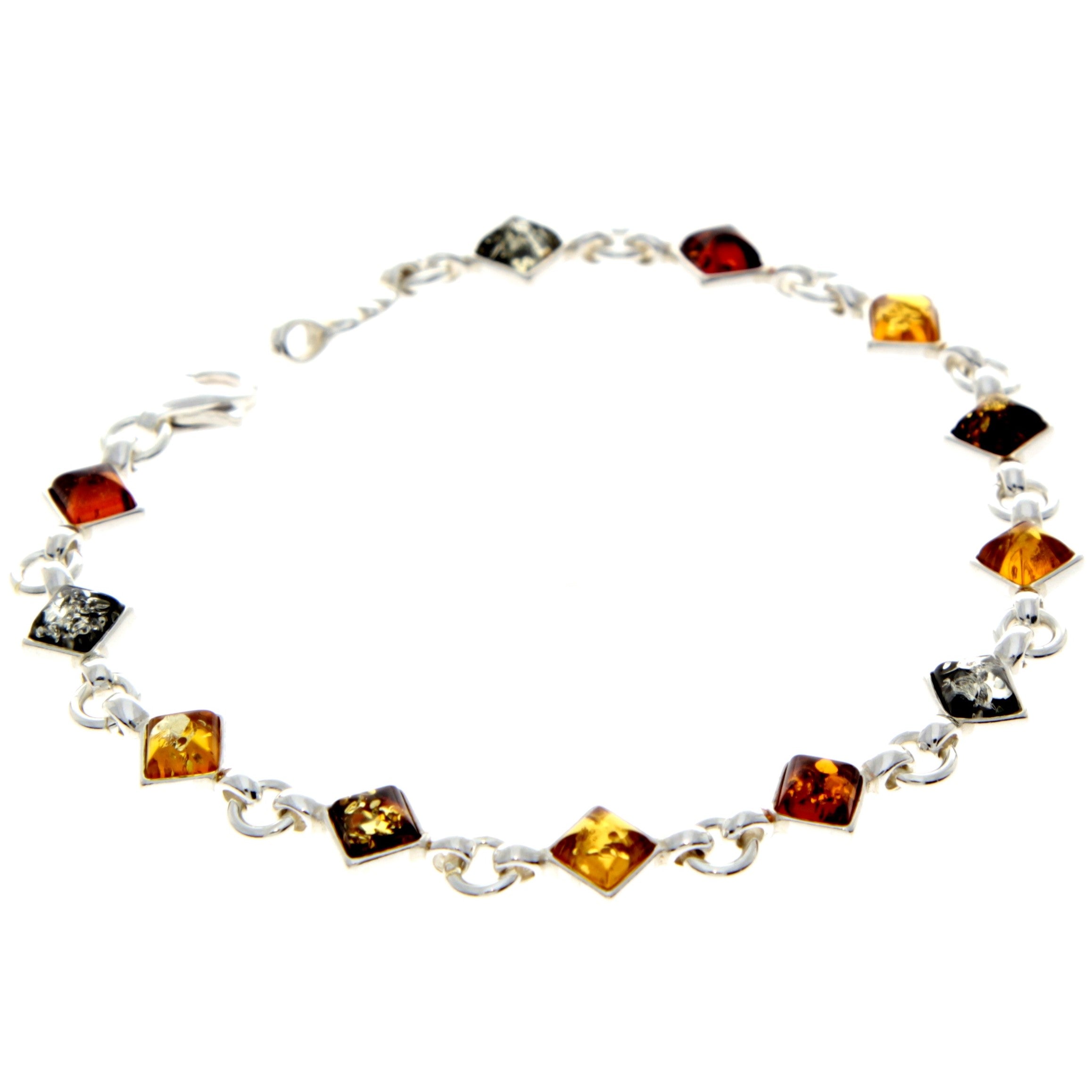 925 Sterling Silver & Genuine Baltic Amber Square Stones Link Bracelet - AA508