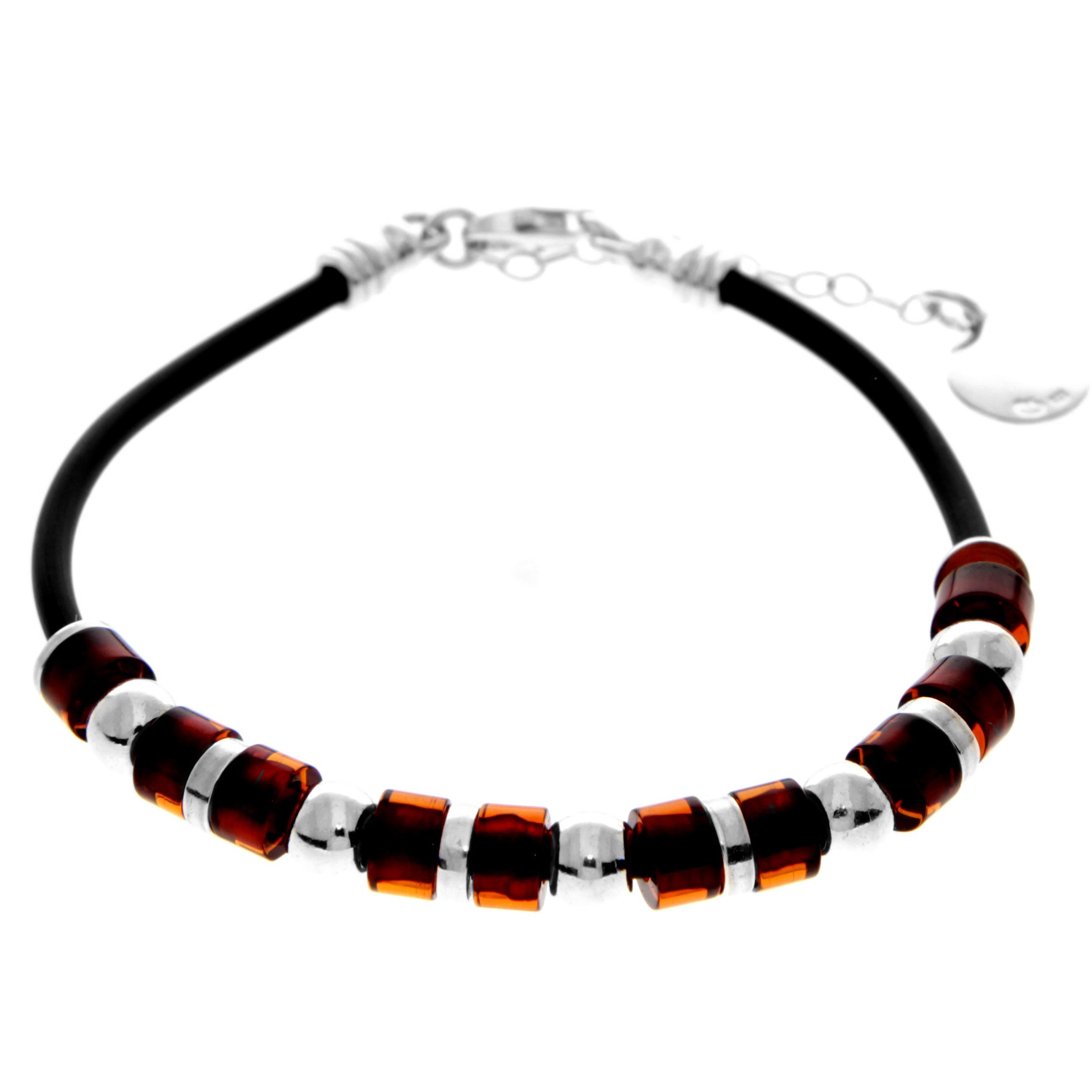 925 Sterling Silver & Genuine Baltic Amber Leather Rope Exclusive Bracelet - AA509