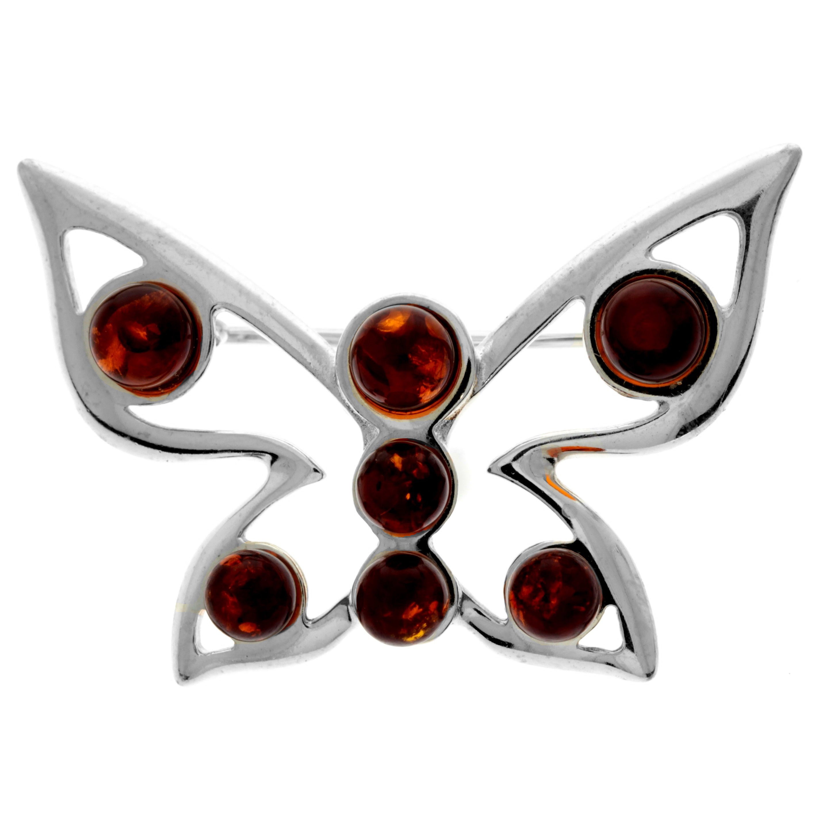 925 Sterling Silver & Genuine Baltic Amber Butterfly Brooch - AA803