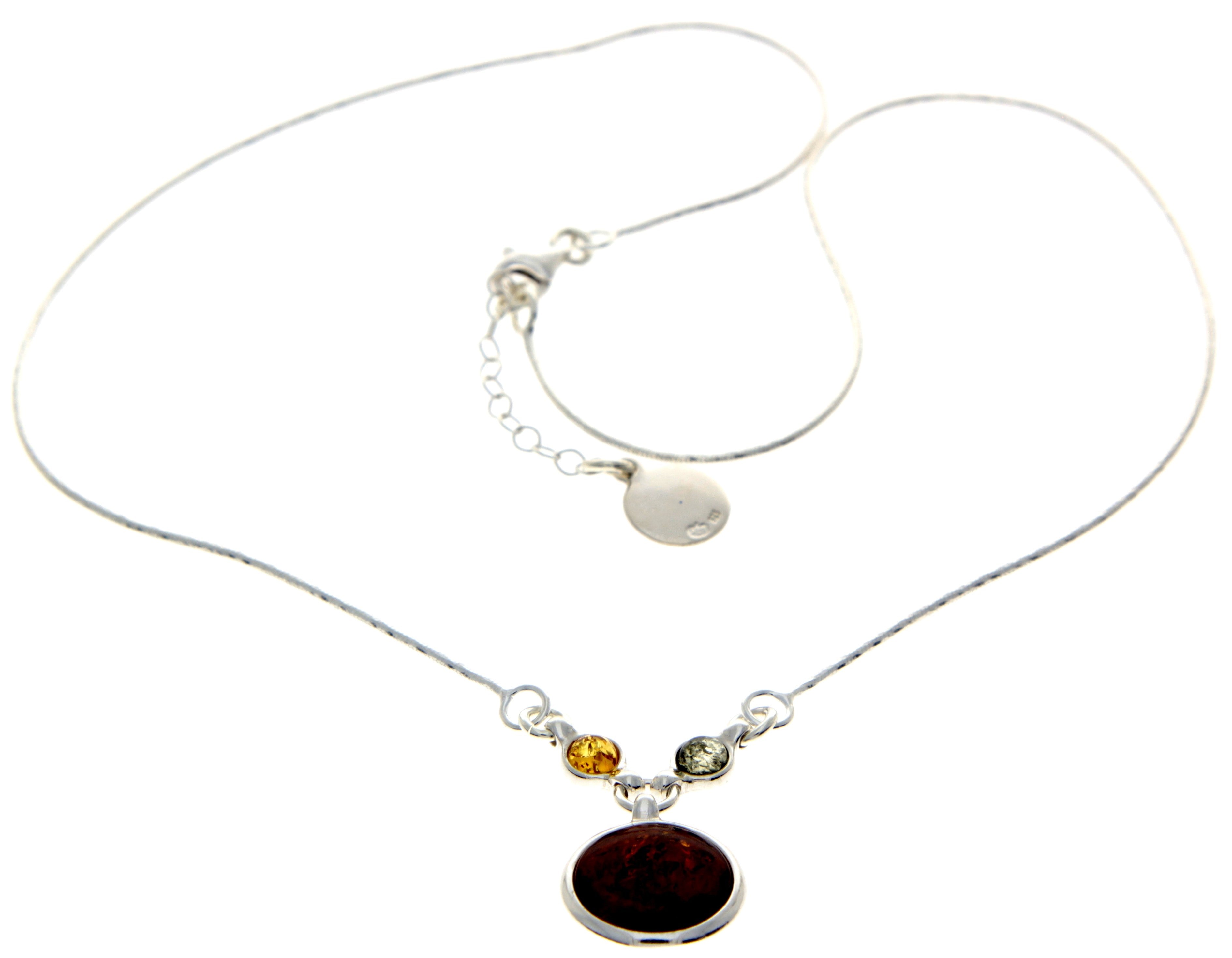 925 Sterling Silver & Genuine Baltic Amber Multi Stones Round Classic Exclusive Necklace - AA902