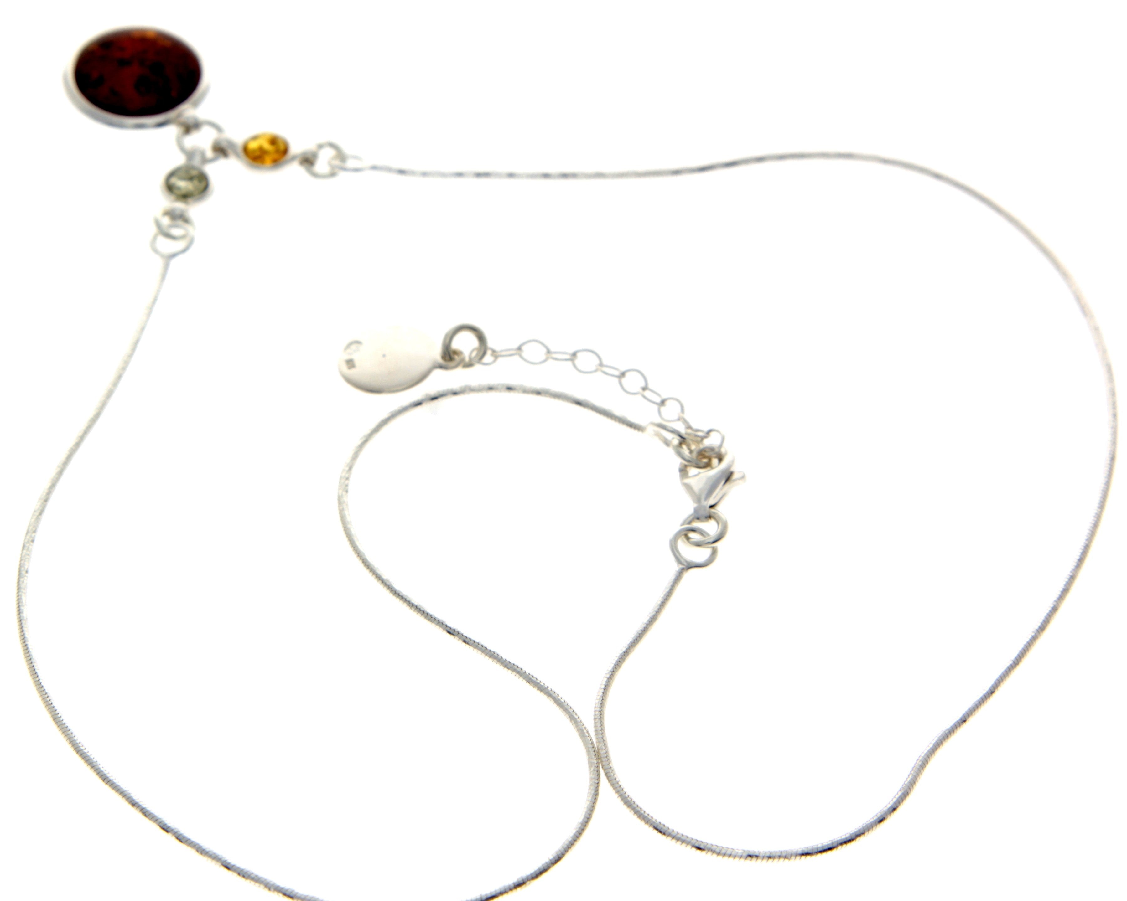 925 Sterling Silver & Genuine Baltic Amber Multi Stones Round Classic Exclusive Necklace - AA902