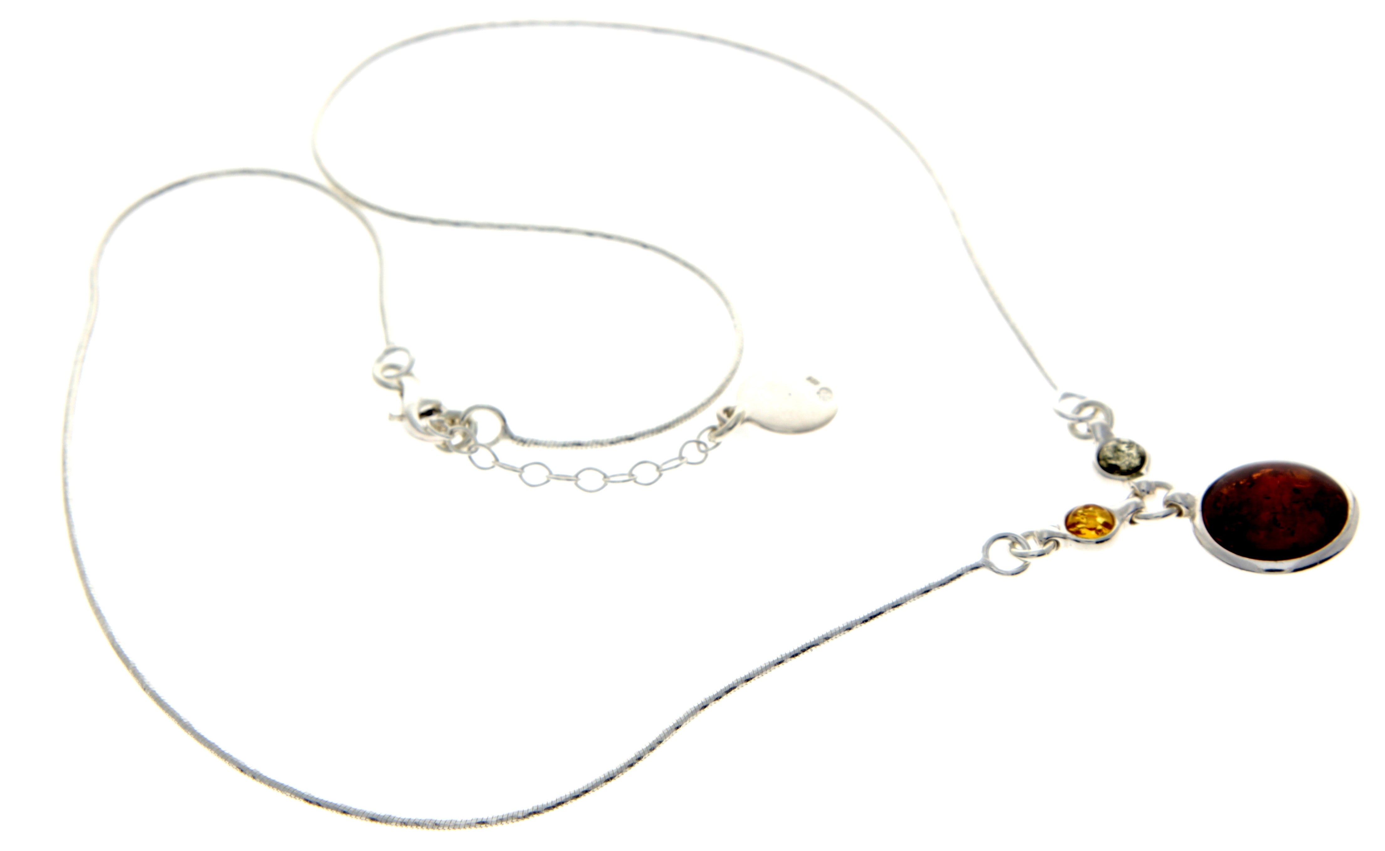 925 Sterling Silver & Genuine Baltic Amber Multi Stones Round Classic Exclusive Necklace - AA902