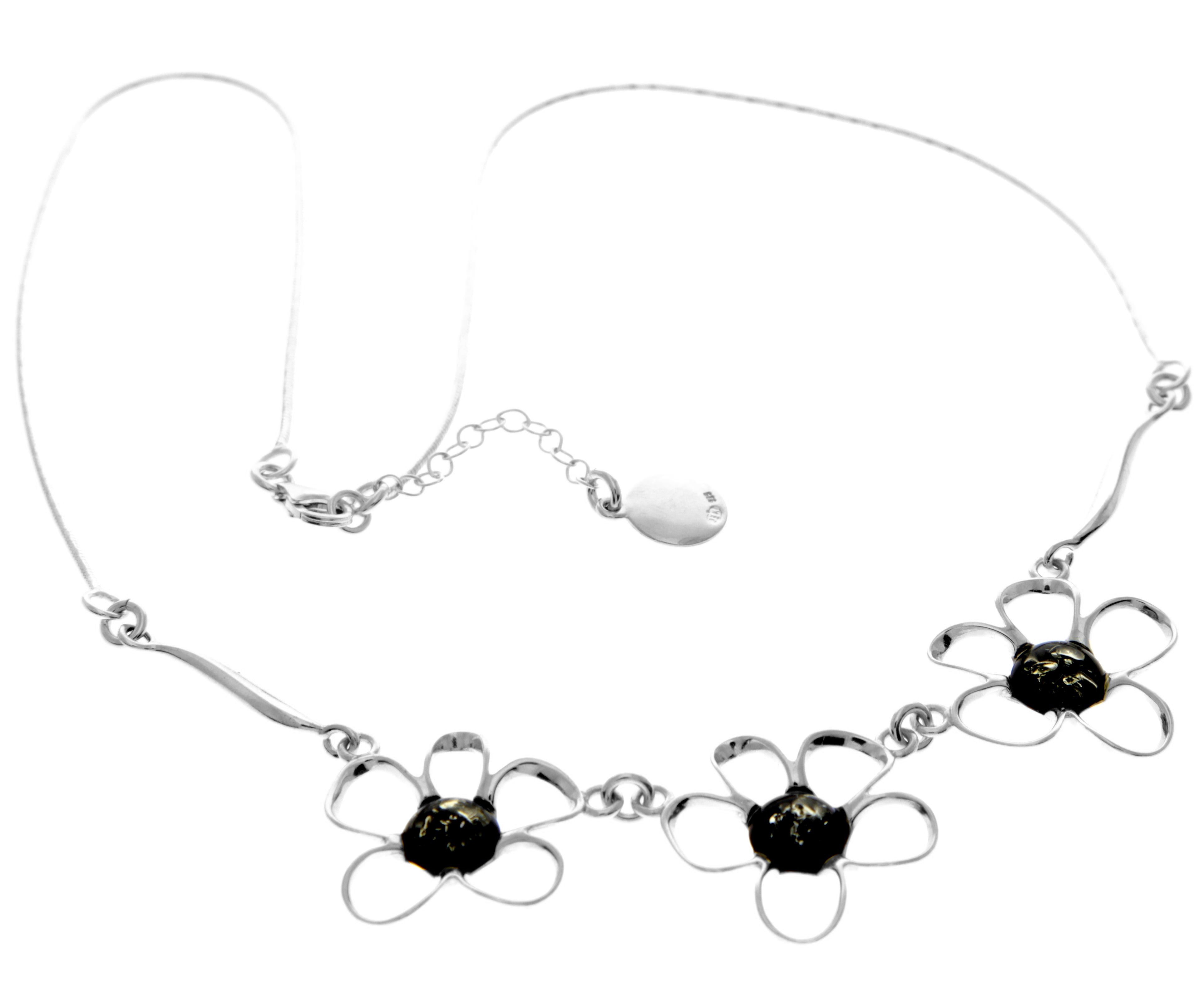 925 Sterling Silver & Genuine Baltic Amber Multi Stones Flowers Modern Exclusive Necklace - AA906