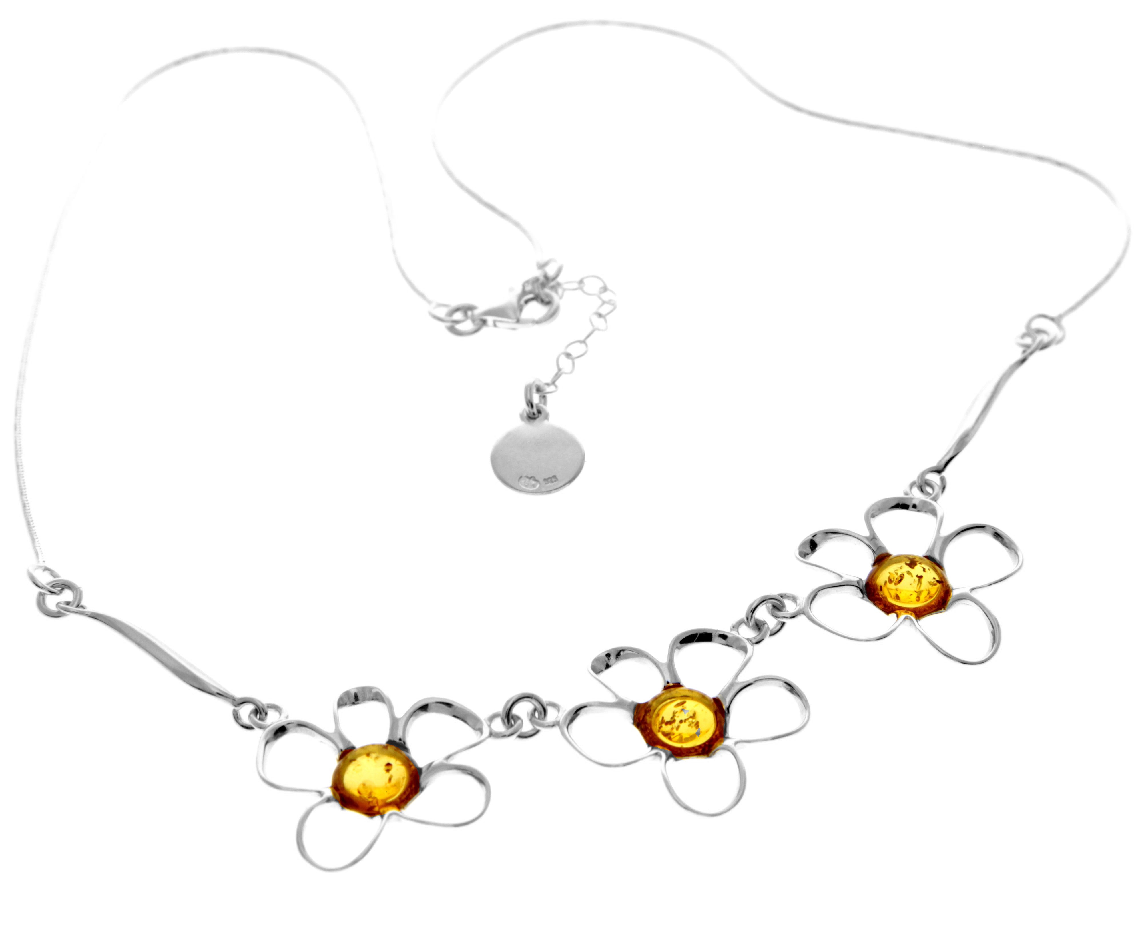 925 Sterling Silver & Genuine Baltic Amber Multi Stones Flowers Modern Exclusive Necklace - AA906