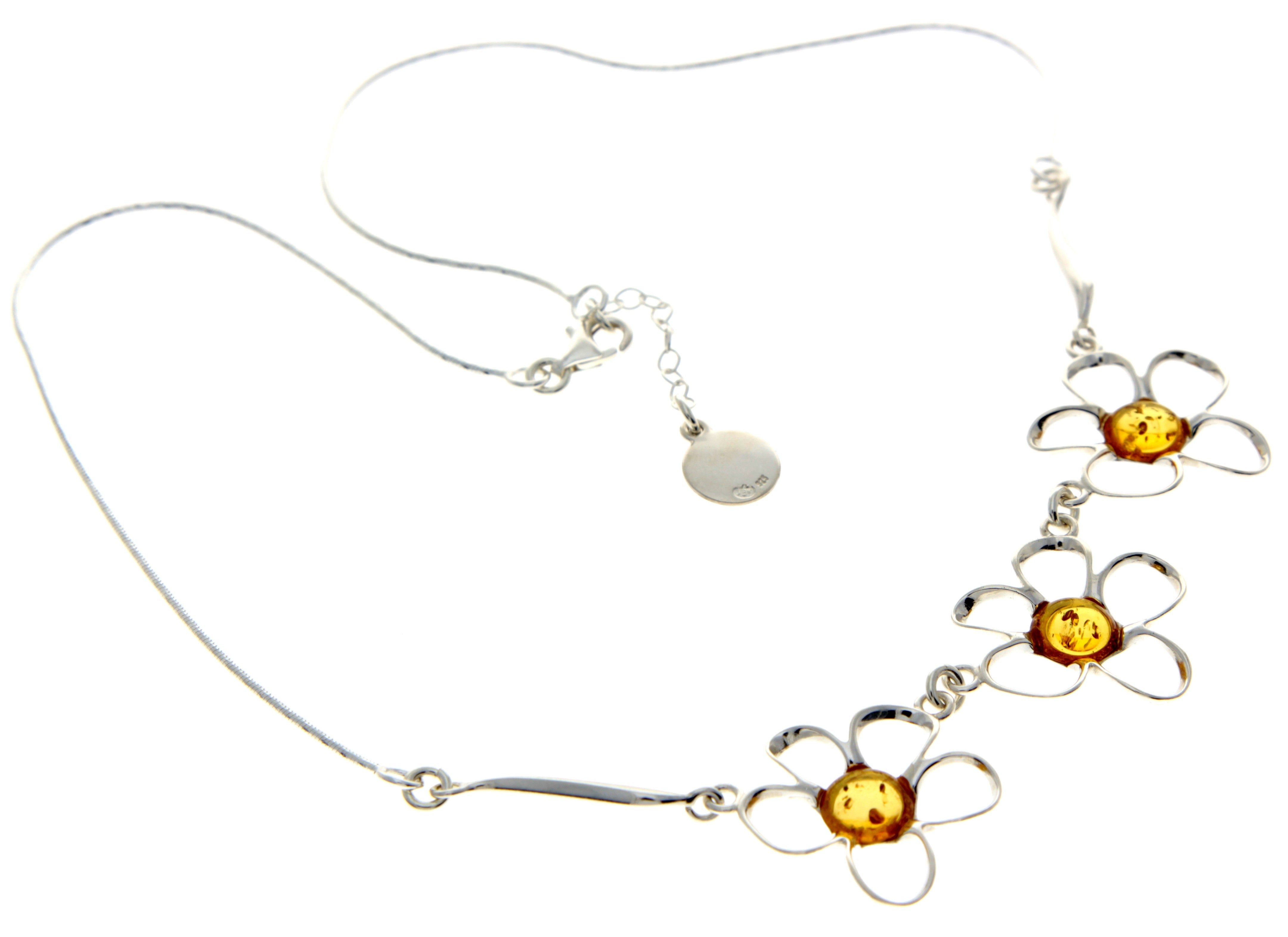 925 Sterling Silver & Genuine Baltic Amber Multi Stones Flowers Modern Exclusive Necklace - AA906