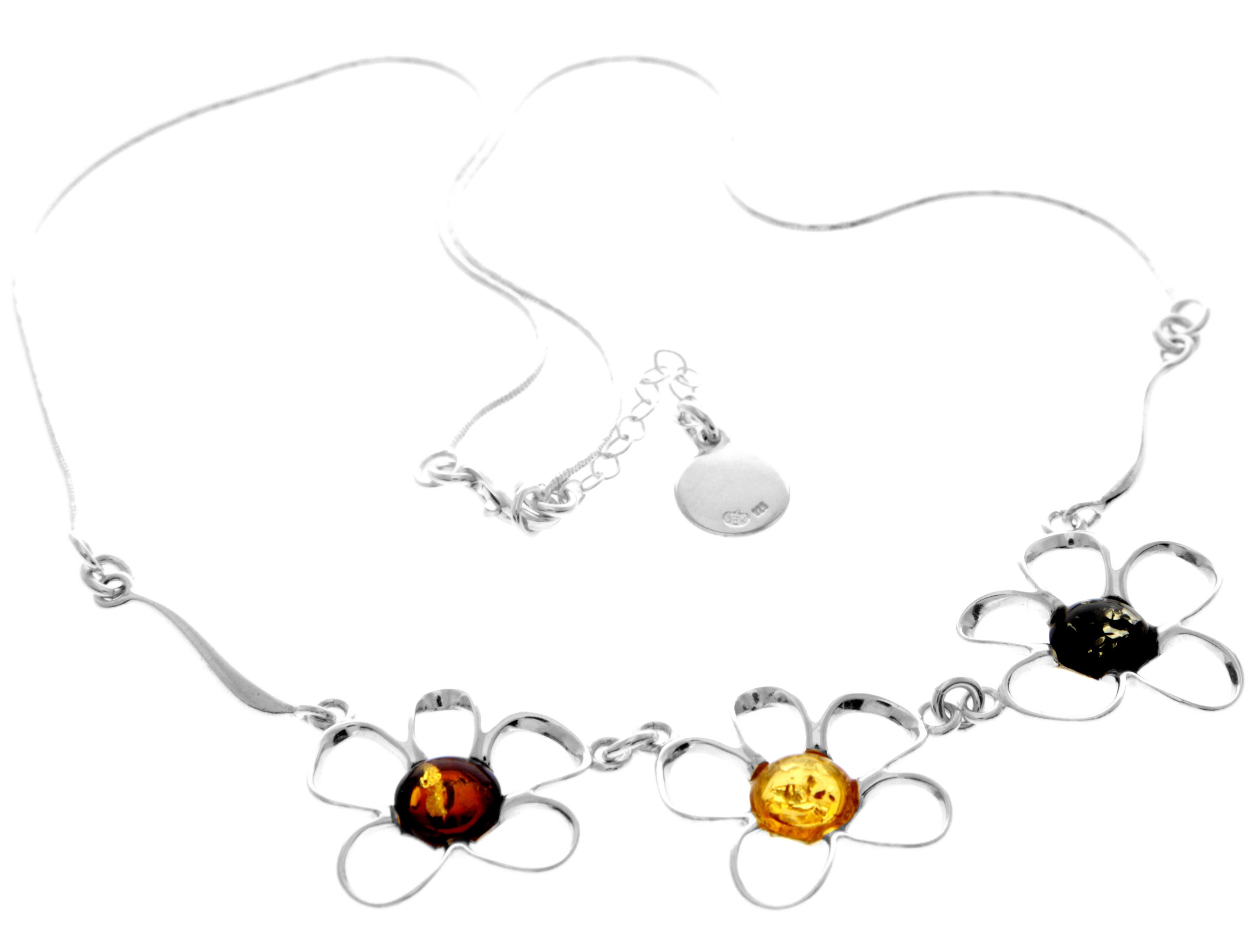 925 Sterling Silver & Genuine Baltic Amber Multi Stones Flowers Modern Exclusive Necklace - AA906