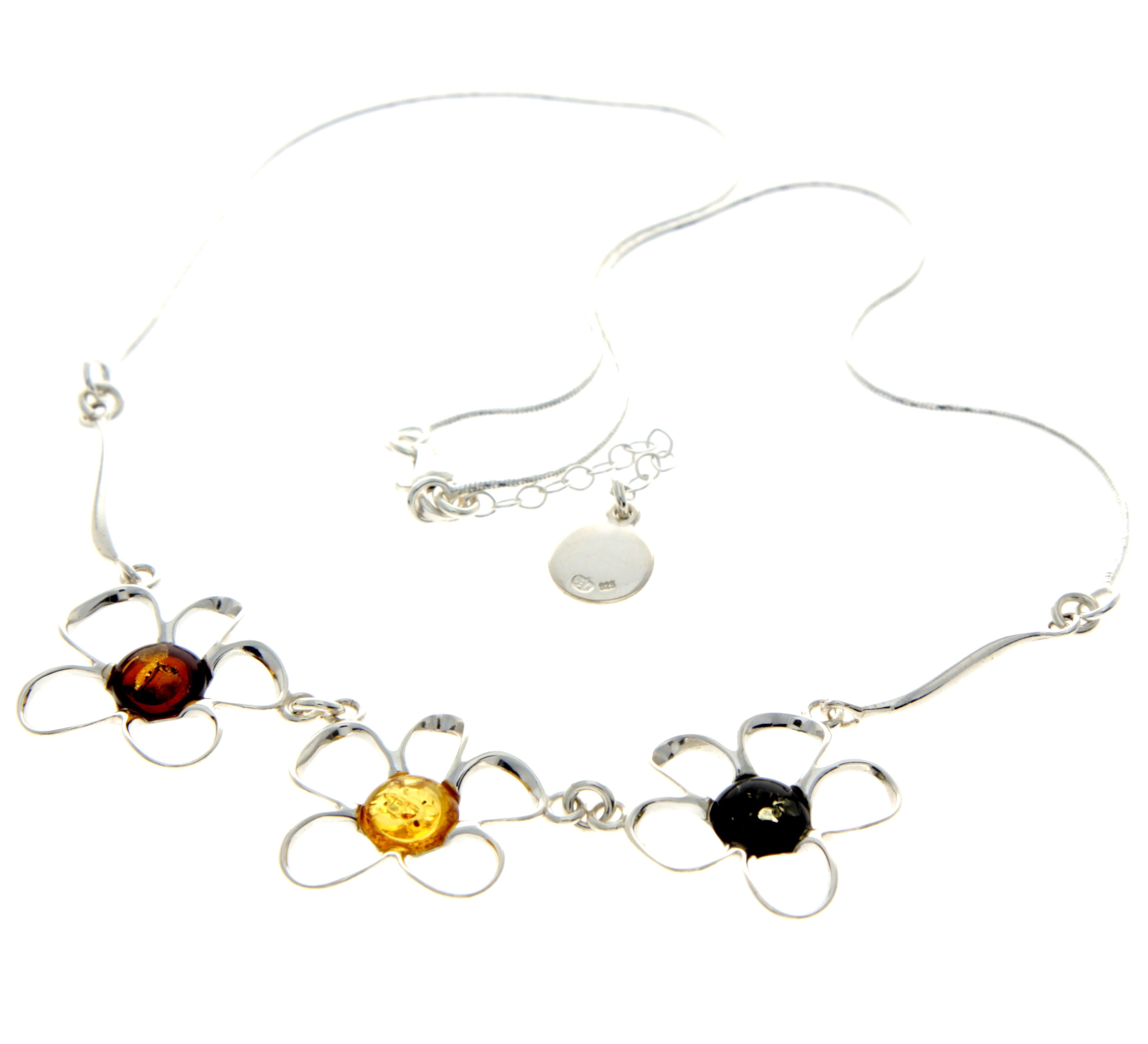 925 Sterling Silver & Genuine Baltic Amber Multi Stones Flowers Modern Exclusive Necklace - AA906