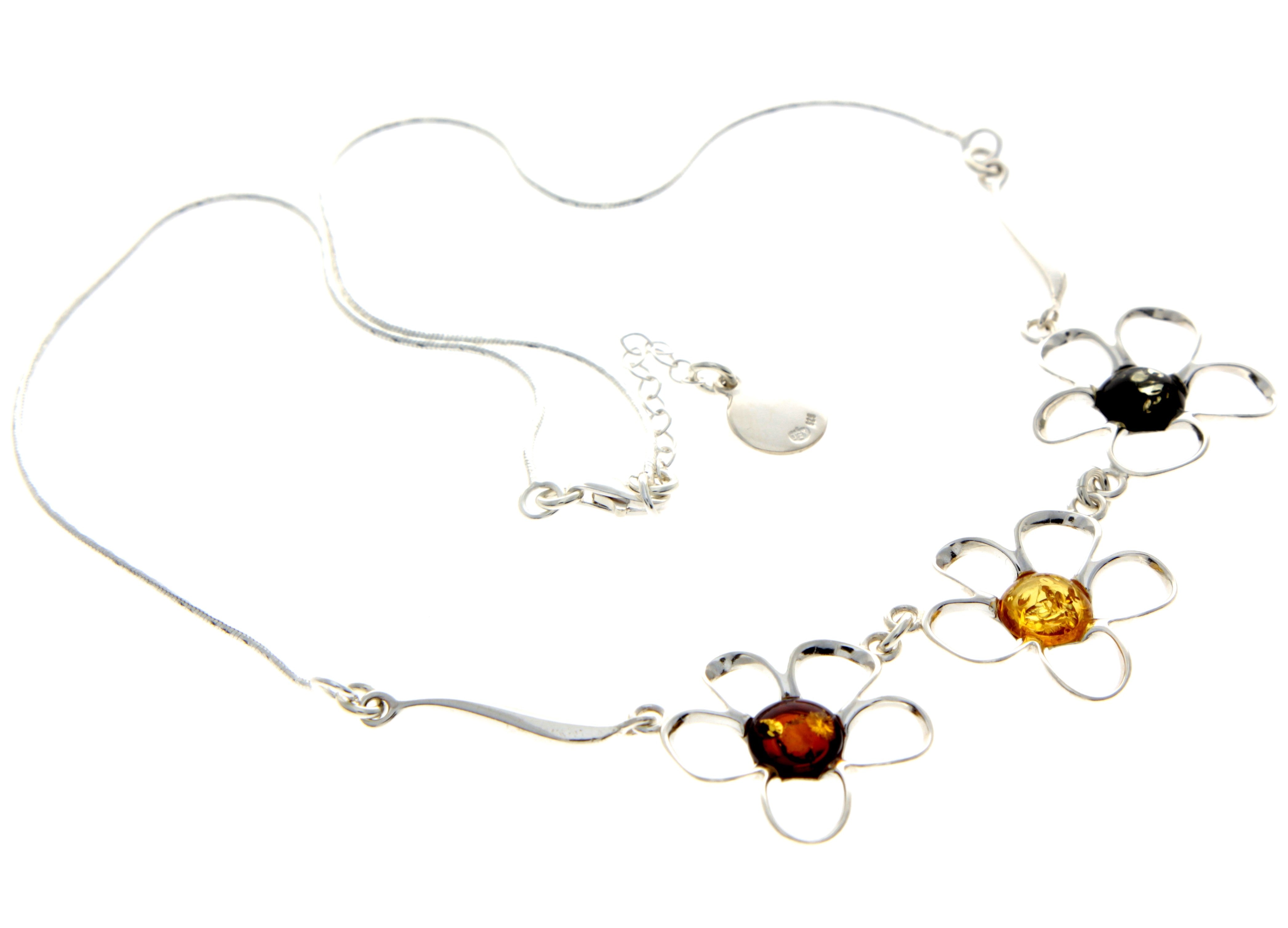 925 Sterling Silver & Genuine Baltic Amber Multi Stones Flowers Modern Exclusive Necklace - AA906