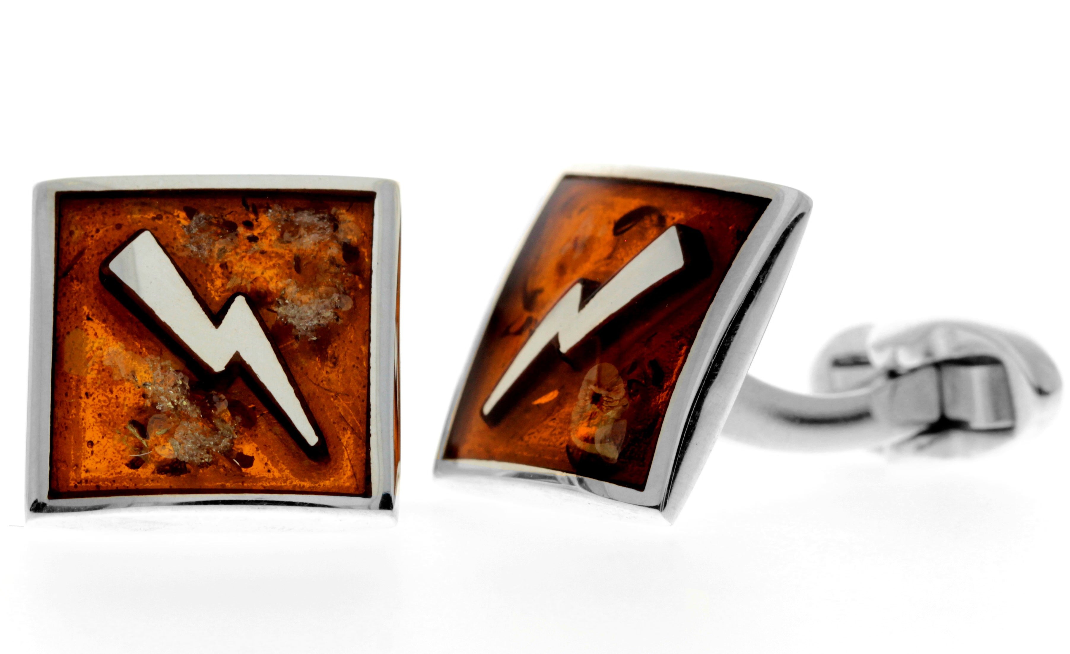 925 Sterling Silver & Genuine Baltic Amber Exclusive Thunder Lightning Cufflinks - AAC008