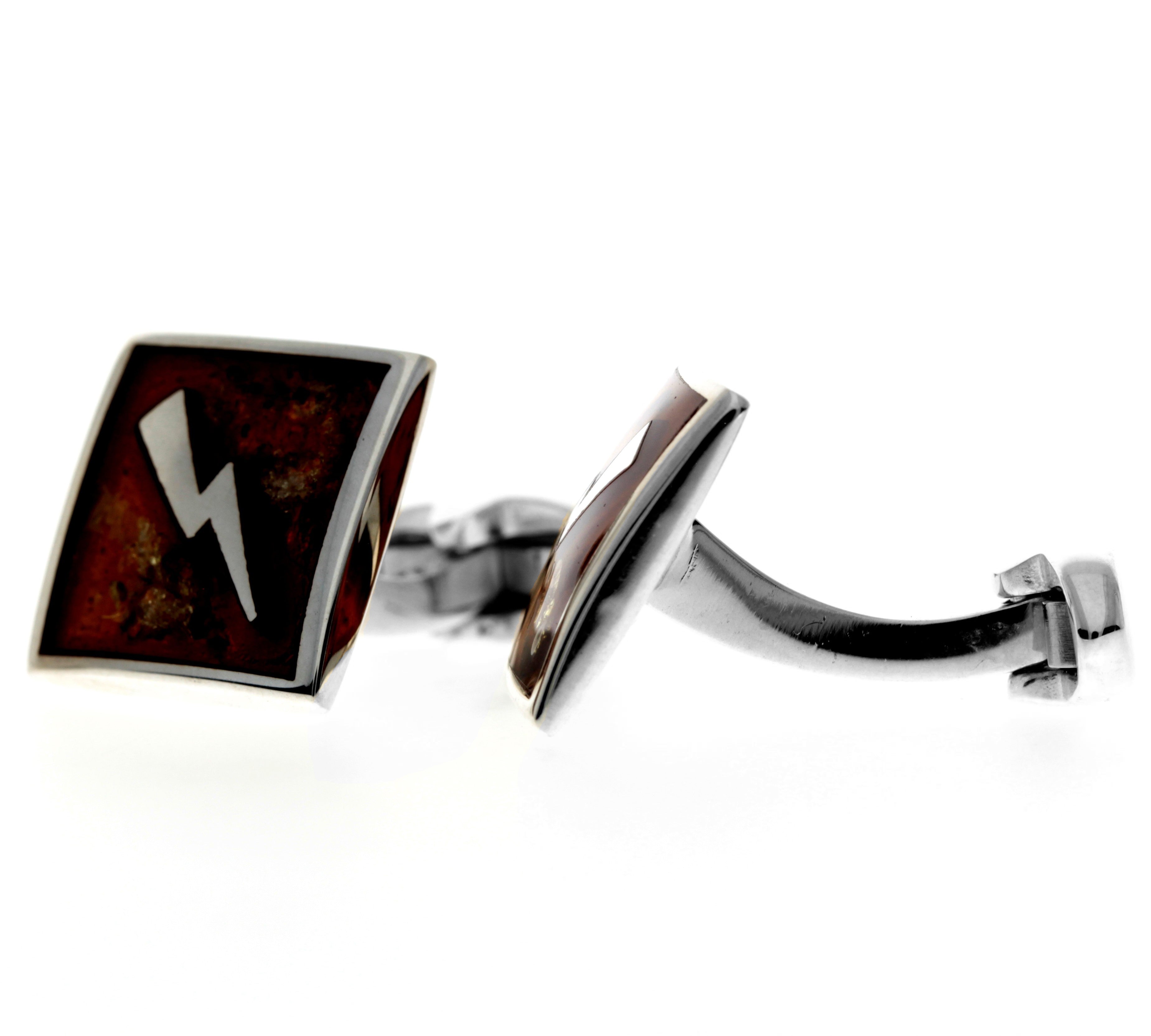 925 Sterling Silver & Genuine Baltic Amber Exclusive Thunder Lightning Cufflinks - AAC008