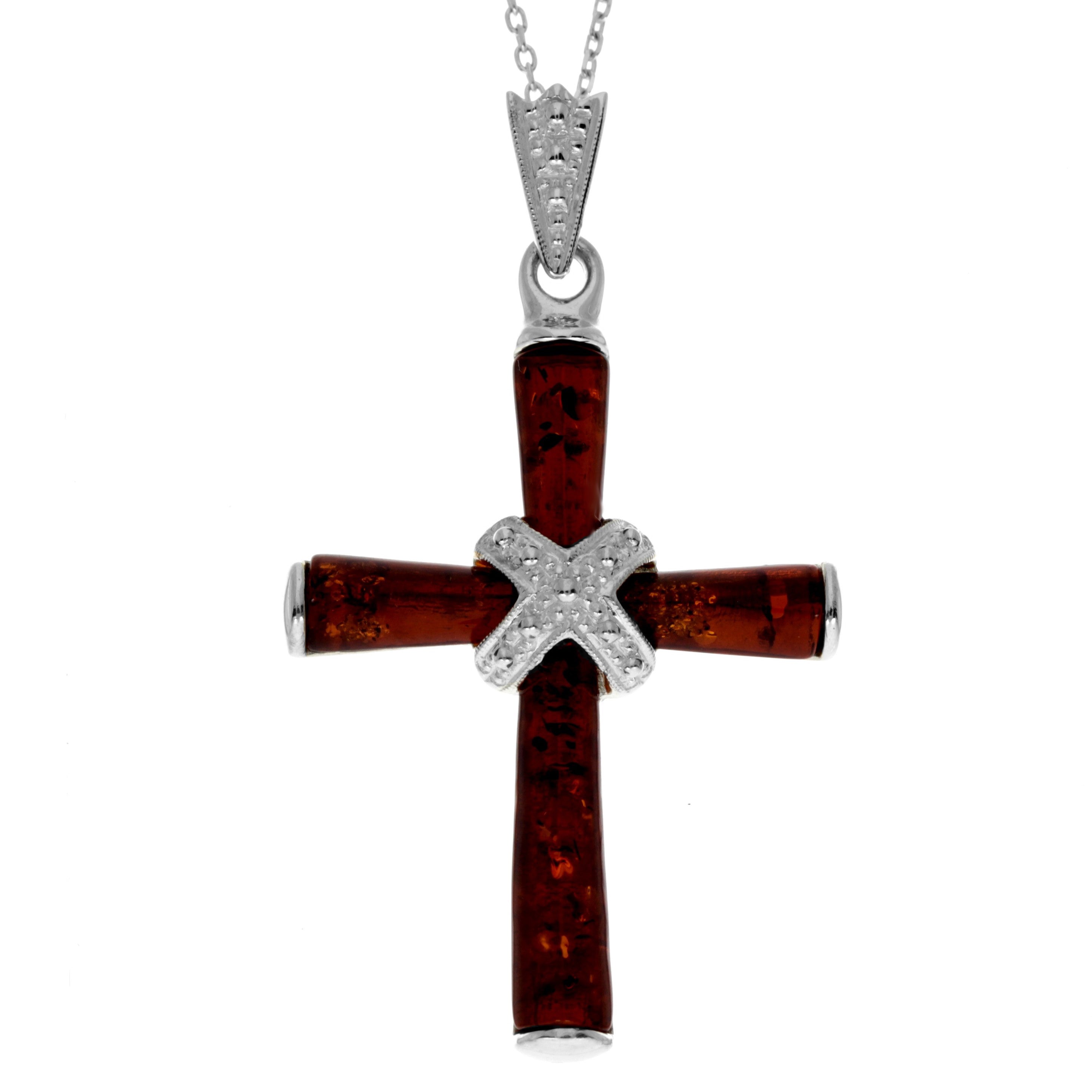 925 Sterling Silver & Genuine Baltic Amber Cross Pendant - AB207