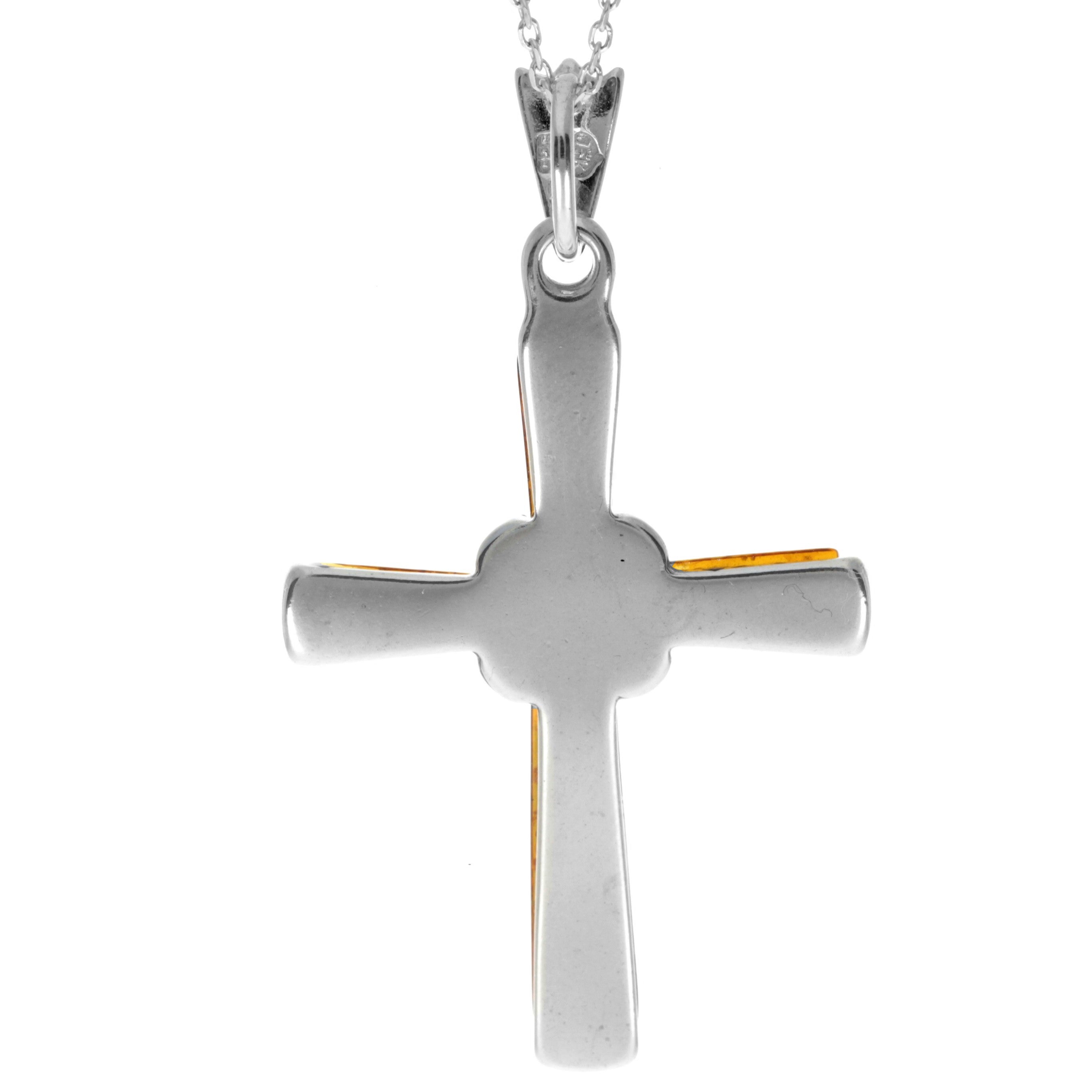 925 Sterling Silver & Genuine Baltic Amber Cross Pendant - AB207