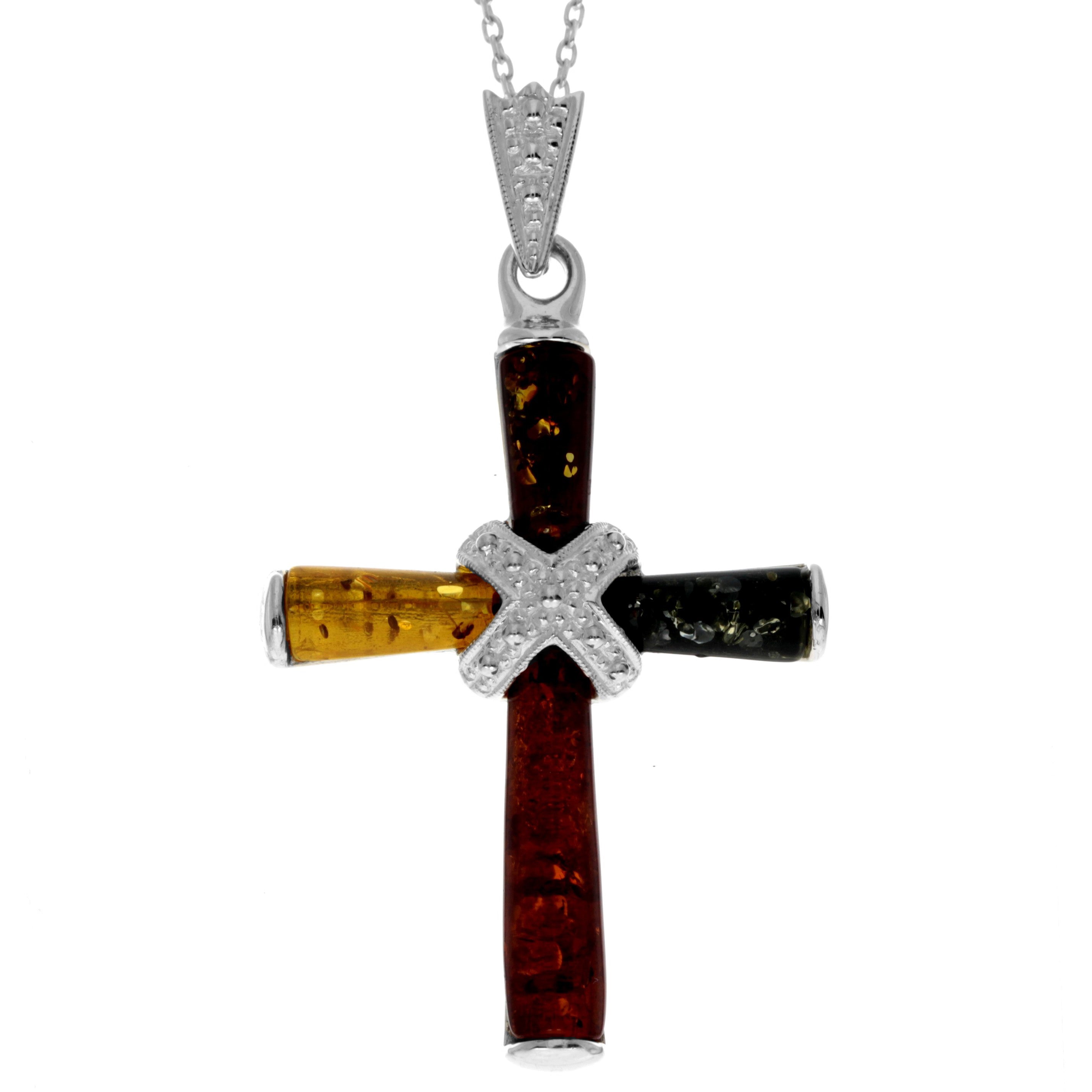 925 Sterling Silver & Genuine Baltic Amber Cross Pendant - AB207