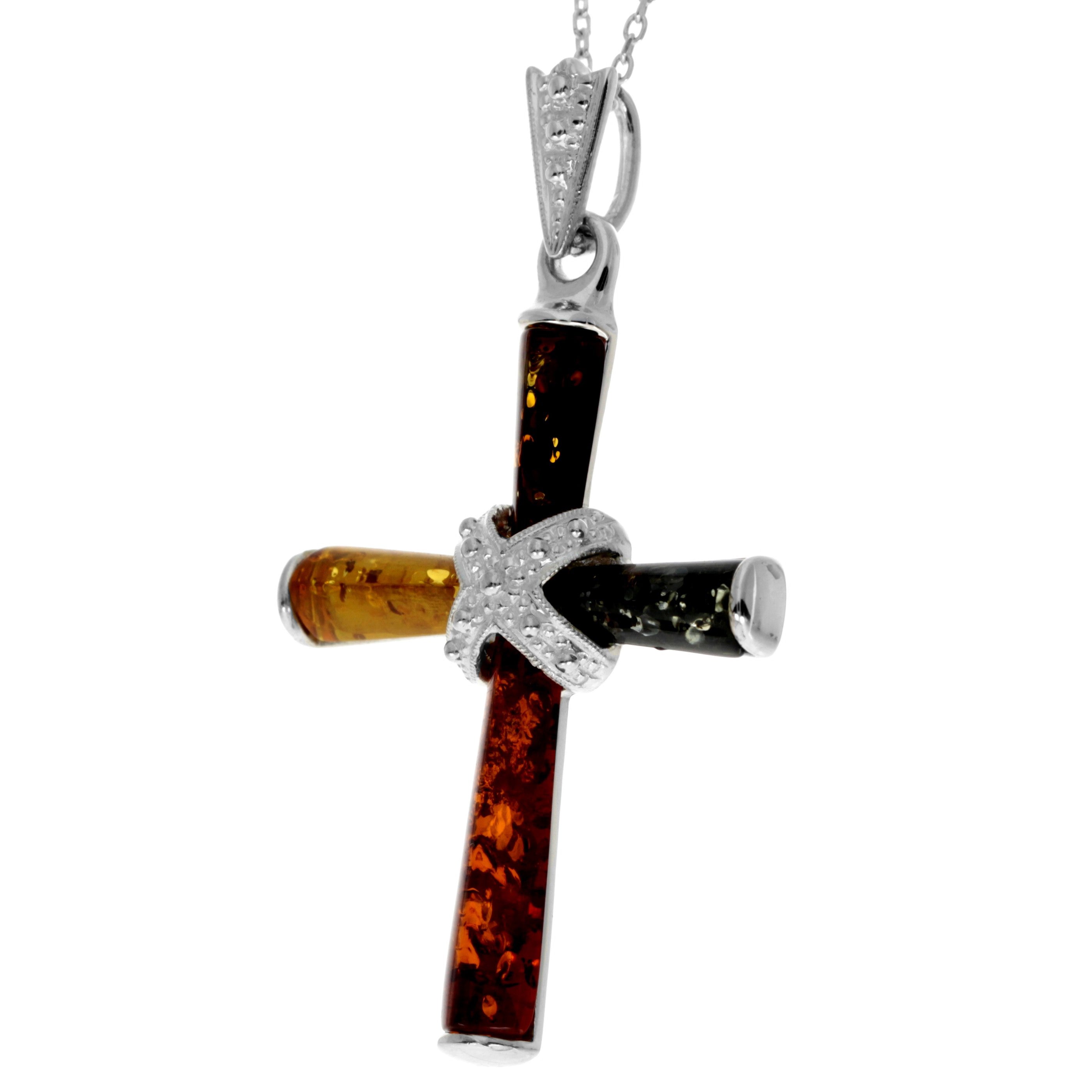 925 Sterling Silver & Genuine Baltic Amber Cross Pendant - AB207